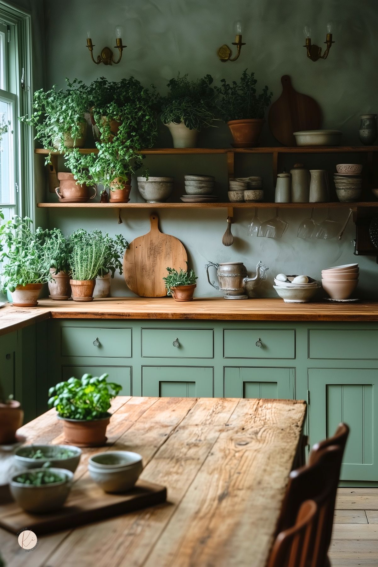 Cottagecore kitchen with sage green cabinets, wooden countertops, and open shelves filled with stacked pottery and ceramic bowls. Potted herbs overflow across the counter and shelves, creating a lush, garden-like feel. Natural wood elements and vintage-style sconces enhance the cozy, earthy atmosphere.