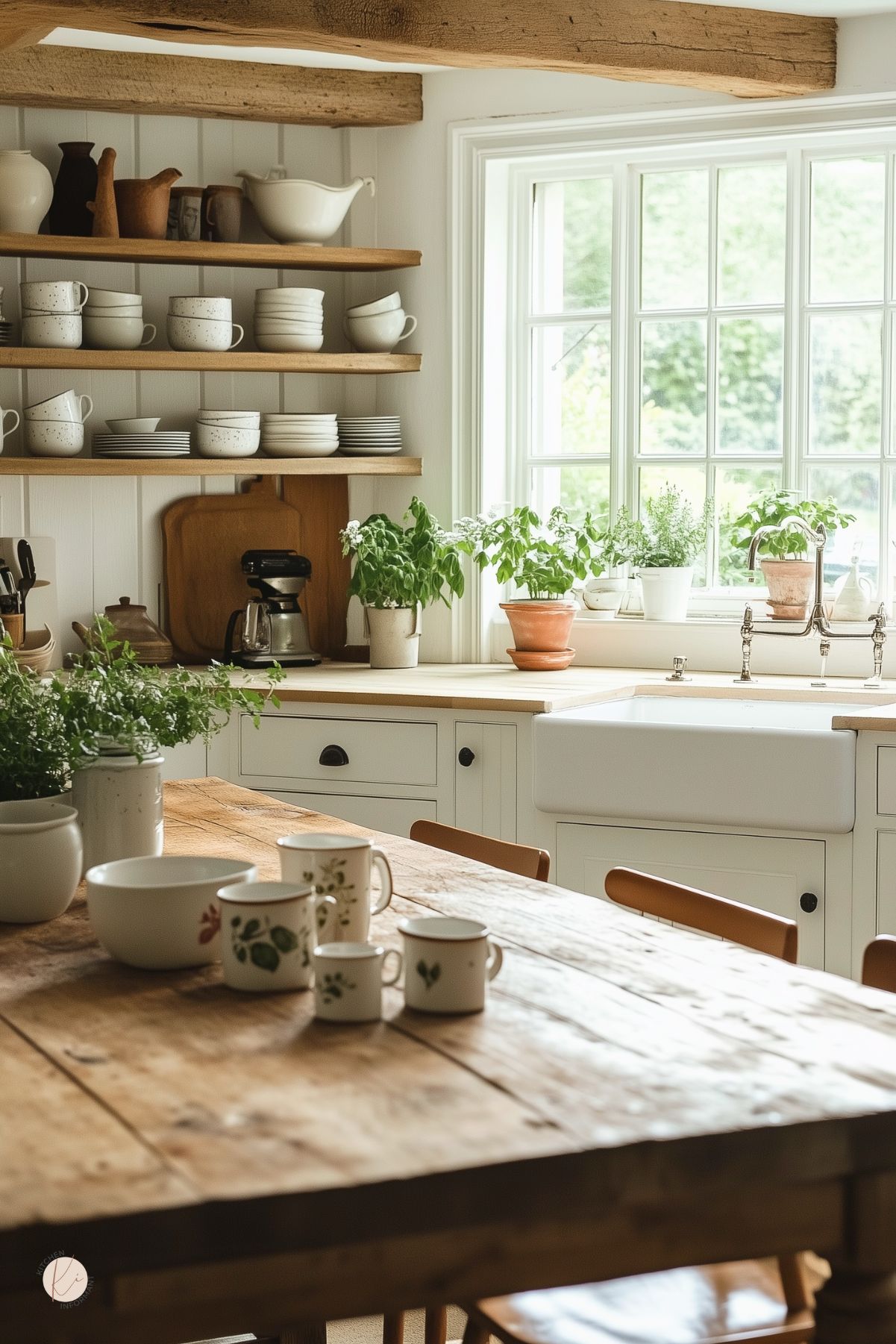 Cottagecore kitchen with a rustic wood table, botanical mugs, and a deep farmhouse sink under a large window. Open wooden shelves display stacked white dishware, and potted herbs line the countertop, adding greenery. Exposed wooden beams and soft natural light complete the cozy, vintage-inspired look.