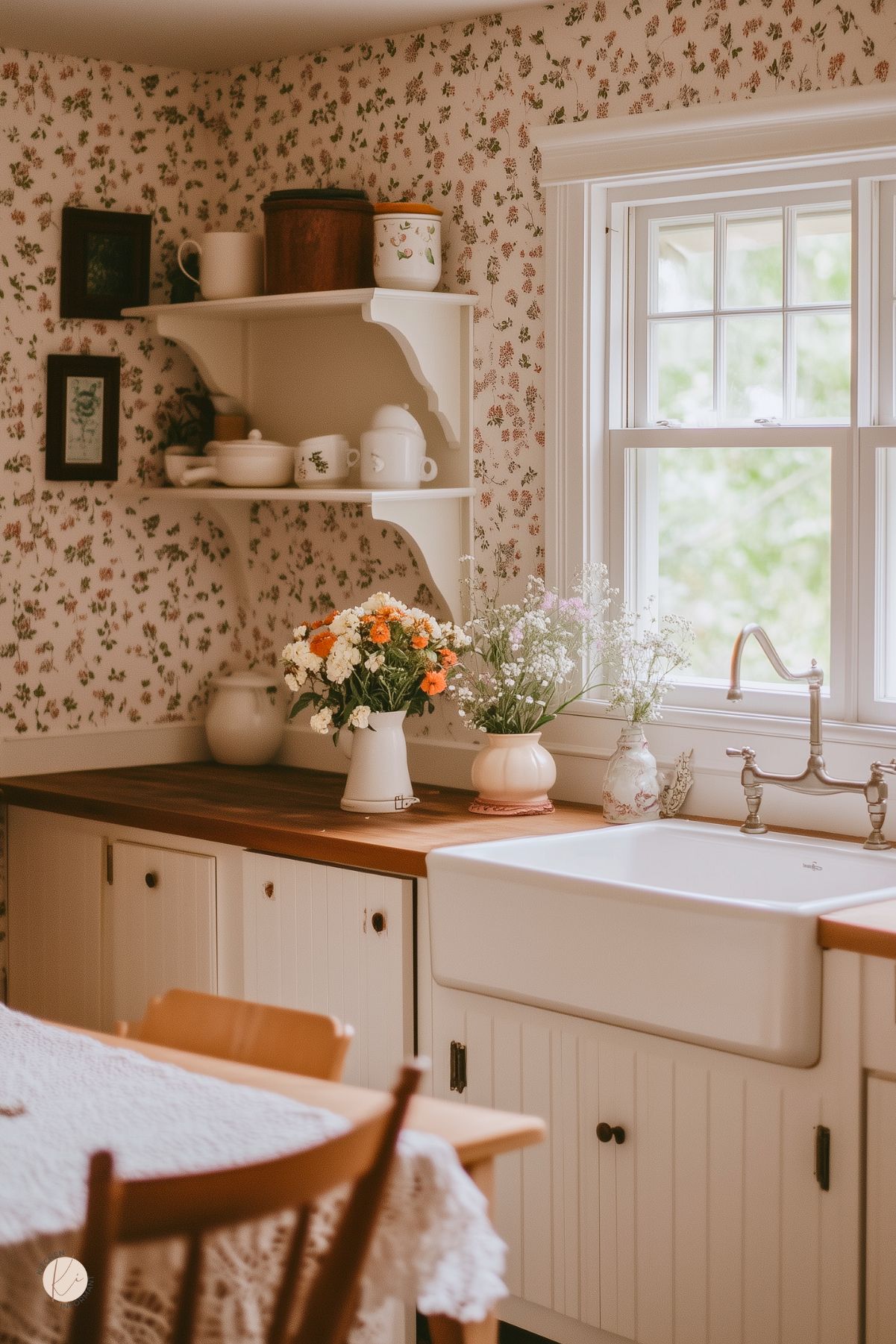 Vintage cottage kitchen with floral wallpaper, white beadboard cabinets, and a classic farmhouse sink. Open shelves display simple ceramic dishes, while fresh flowers in pitchers and jars brighten the wood countertop. A lace tablecloth and framed botanical prints enhance the nostalgic charm.