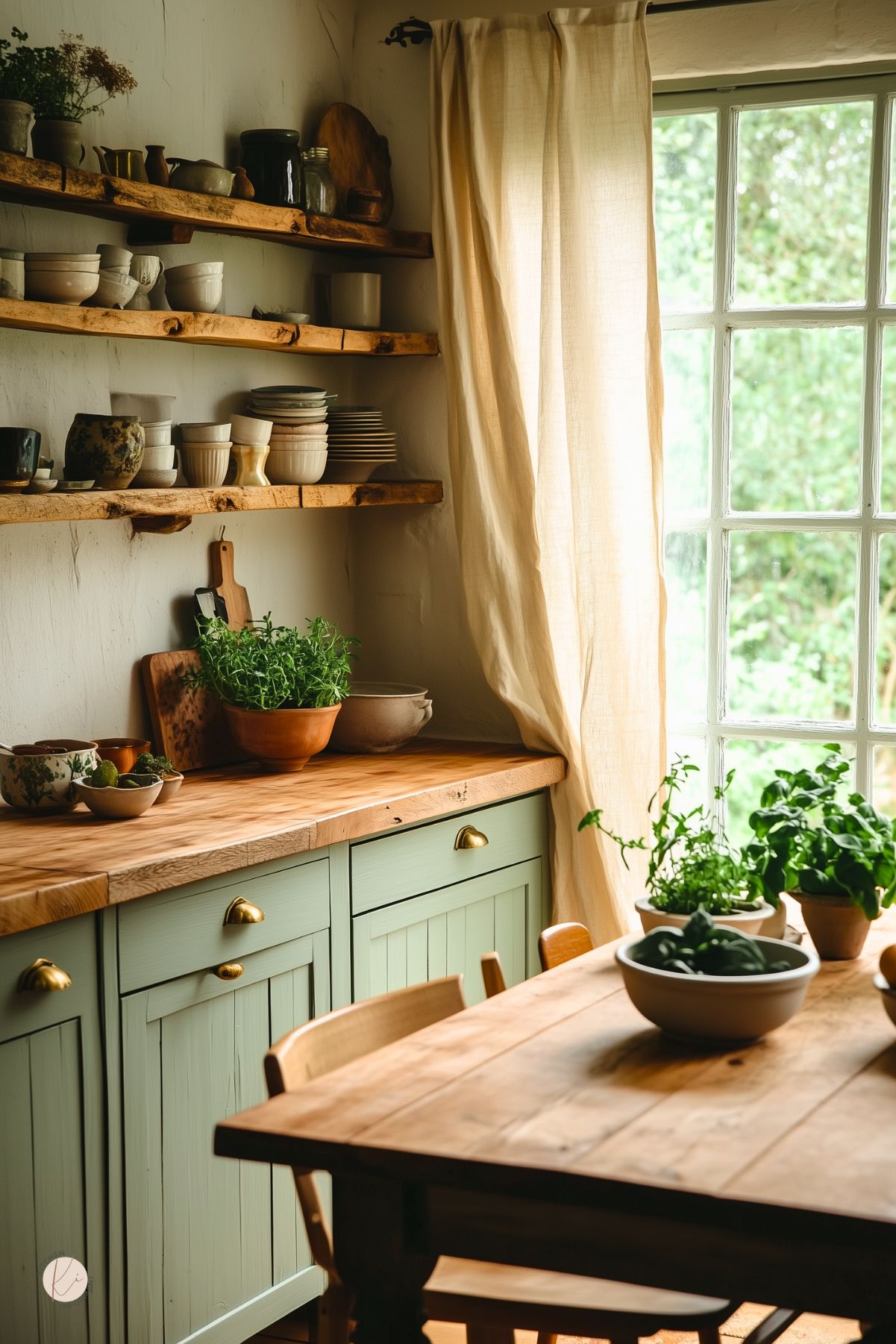 Charming cottage kitchen with light sage green cabinets, rustic wood countertops, and raw-edge open shelves displaying handmade pottery. Soft beige curtains frame a window that lets in natural light, while potted herbs and vintage dishware enhance the cozy, organic feel.