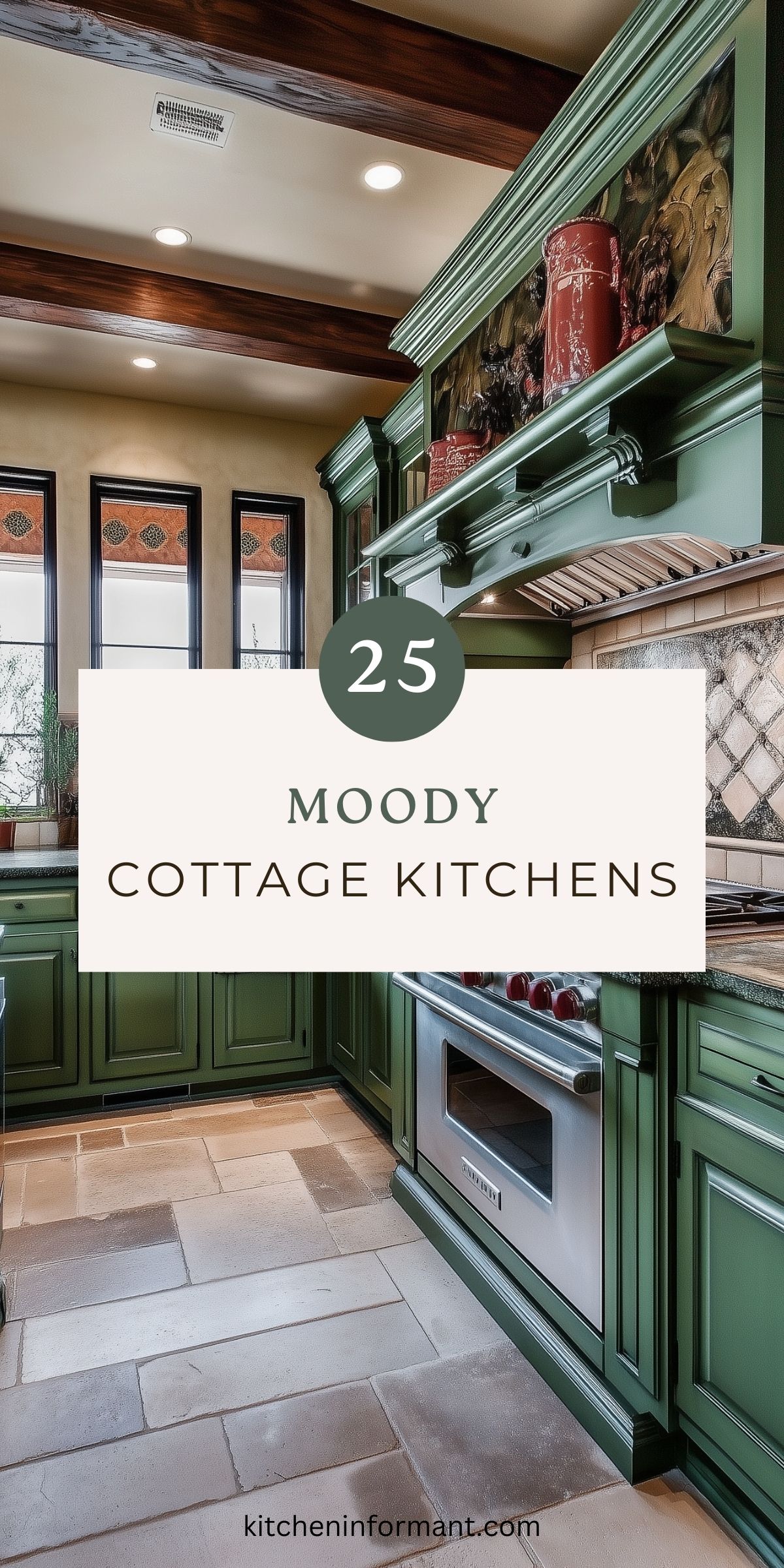 A moody cottage kitchen with sage green cabinetry, dark wood ceiling beams, and natural stone tile flooring. The range hood features decorative red canisters and rustic artwork. Tall black-framed windows allow soft natural light to highlight the kitchen's cozy, dramatic atmosphere. The space includes a built-in stainless steel oven and textured backsplash with diamond-shaped tiles.