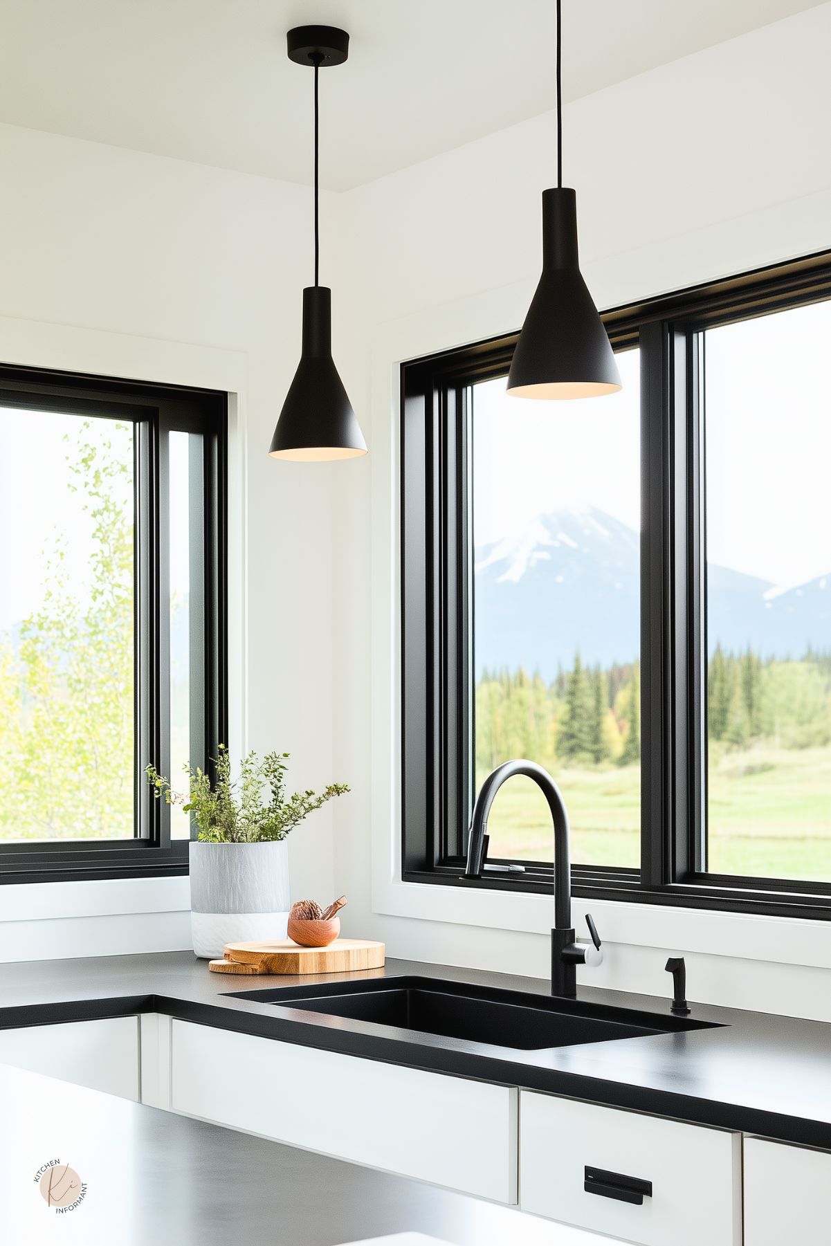 White minimalist kitchen with matte black quartz countertop and integrated black undermount sink beneath a high-arc black faucet. Black-framed windows reveal a mountain view. A two-tone planter of fresh greenery and a wooden cutting board with bowl sit beside the sink under two matte black cone pendant lights, creating modern contrast with chic black accents.