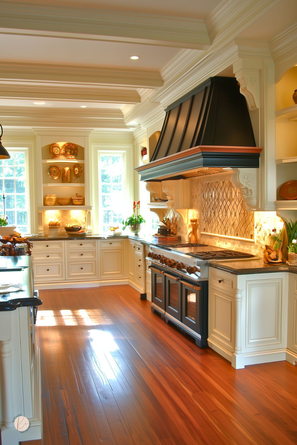 Traditional transitional kitchen featuring cream shaker cabinets and black granite countertops framing a professional-grade black range and custom plaster hood with a decorative mosaic tile backsplash. Rich hardwood floors, ornate crown molding and black pendant lights add dramatic accents to this chic kitchen design.
