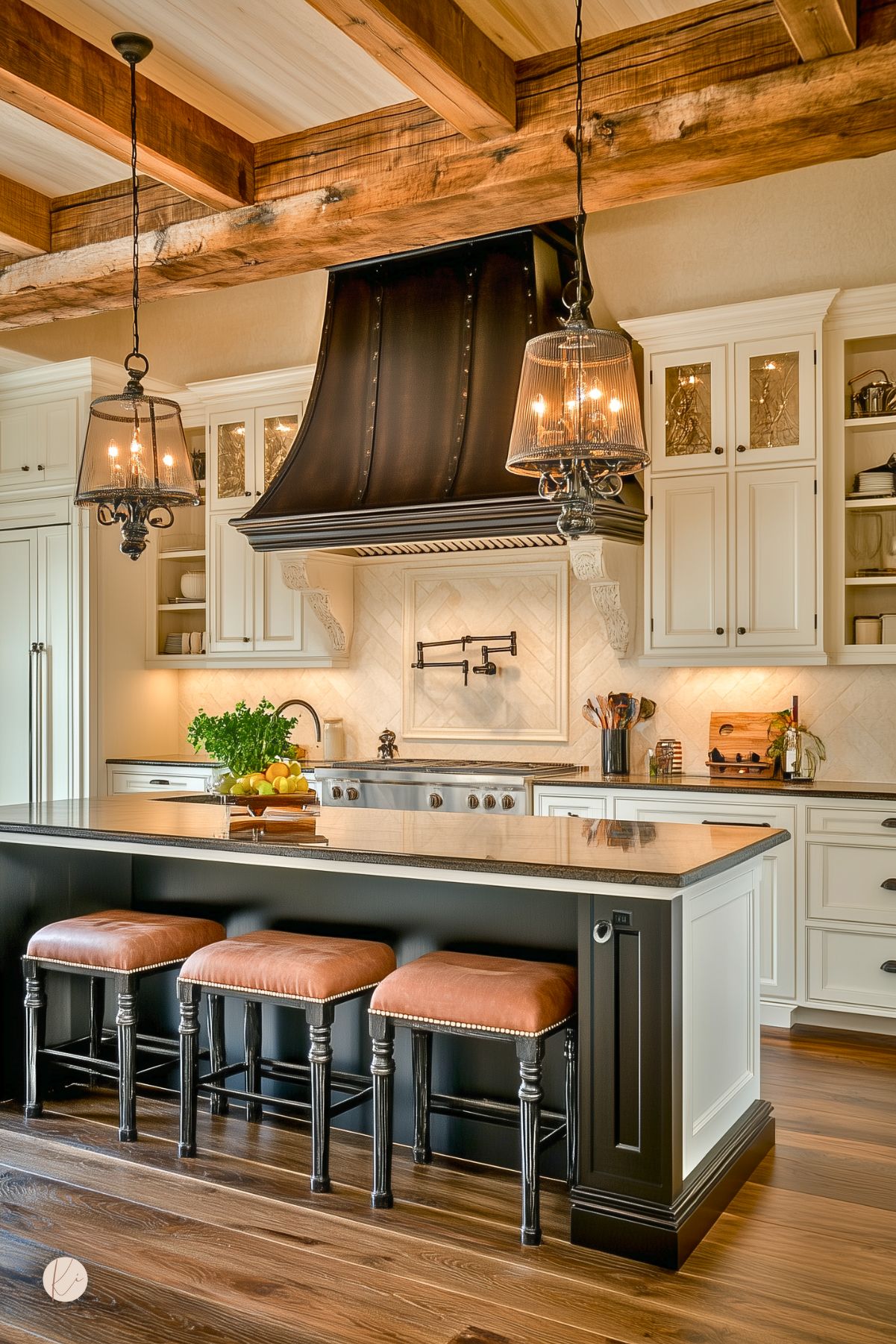 Farmhouse kitchen under exposed wood beams with a matte black riveted hood above a stainless steel range. A black-and-white island with leather-topped stools sits under glass metal pendants. Cream shaker cabinets, granite countertops and warm wood floors complete a dramatic kitchen design.
