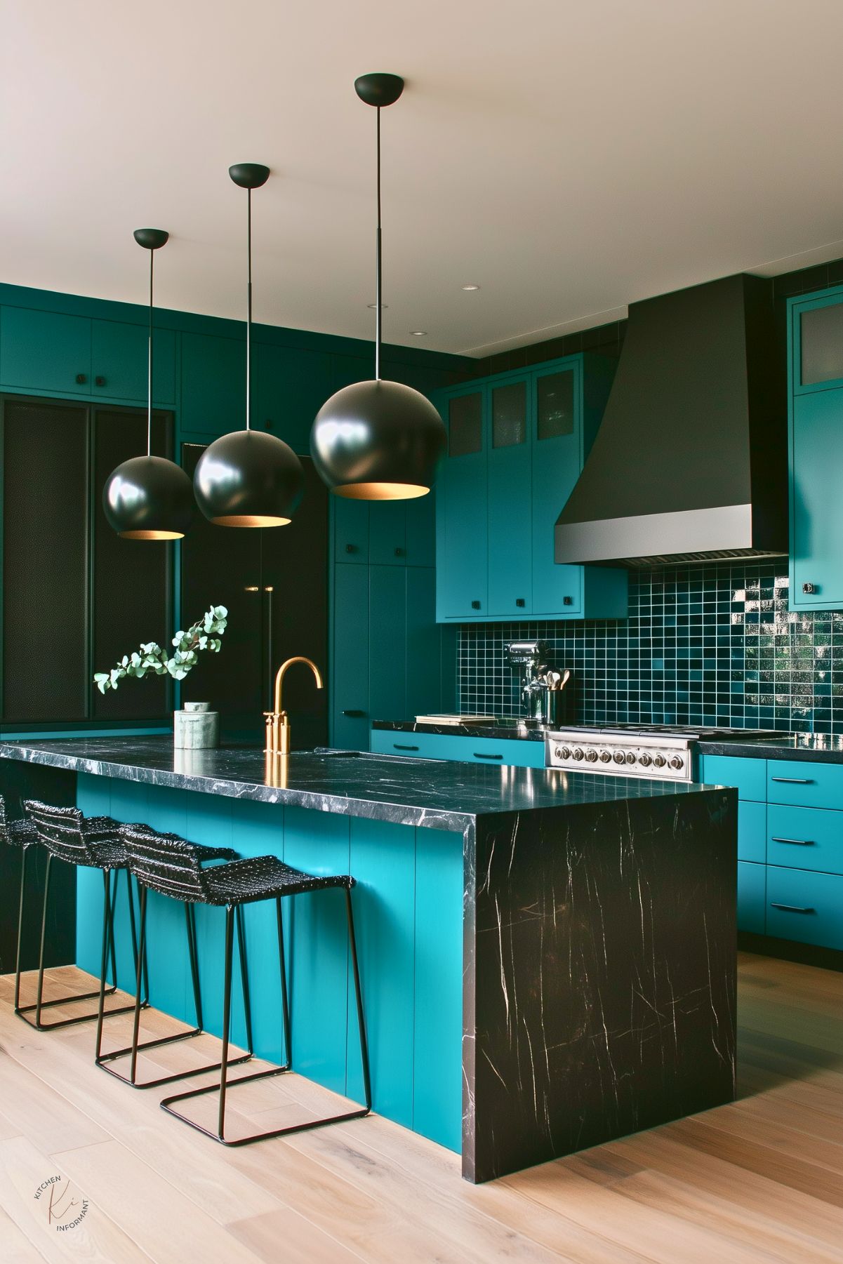 Teal shaker cabinets and floor-to-ceiling pantry flank a black marble waterfall island topped with a brass gooseneck faucet. Glossy black square tile backsplash and matte black hood frame a stainless range. Three oversized black globe pendants hang over woven black stools on light hardwood floors, creating a bold modern kitchen with chic black accents.