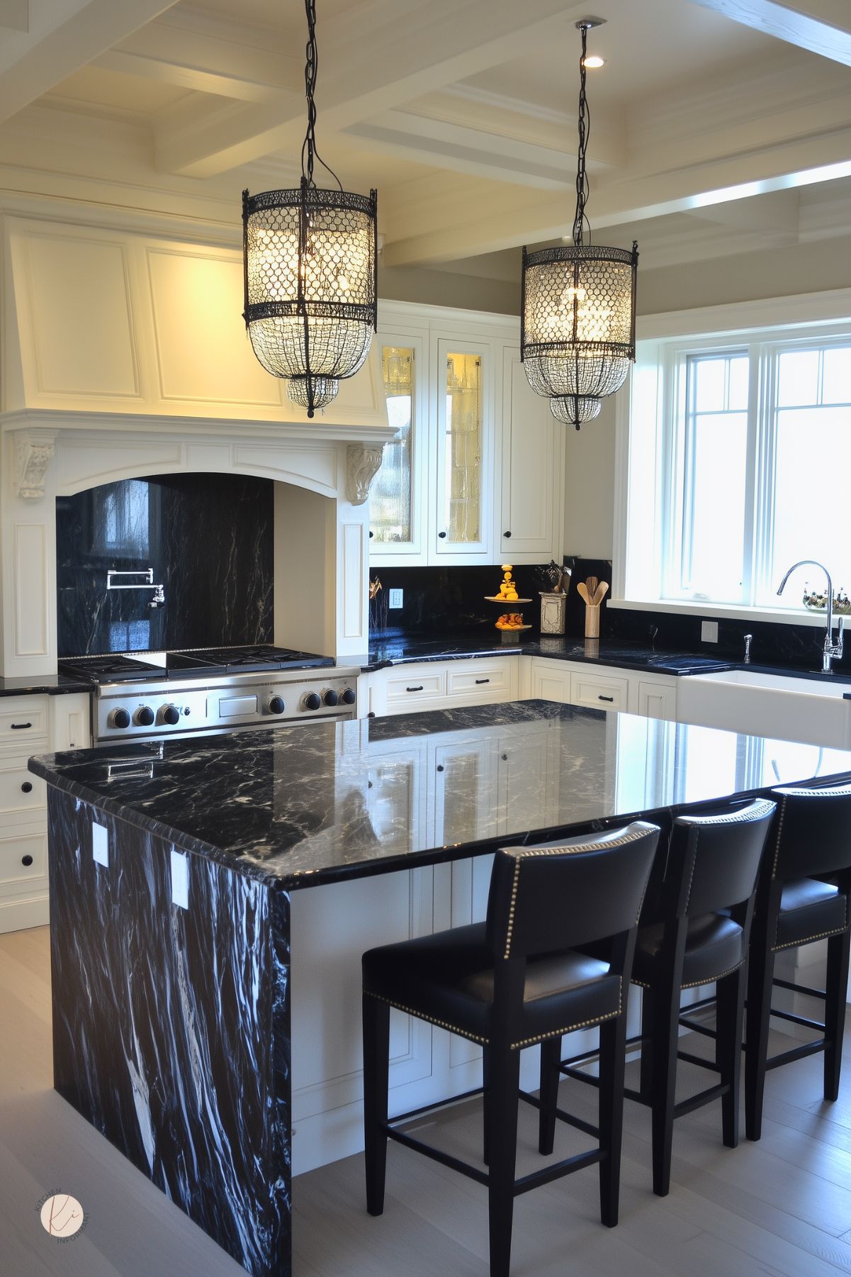 Farmhouse kitchen with a black marble waterfall island topped by three black leather stools beneath two wire-mesh pendant chandeliers. A matte black riveted hood crowns a stainless steel range set between cream shaker cabinets with glass fronts. Warm wood ceiling beams, granite countertops and brass-tone accents complete a dramatic, elegant kitchen design.