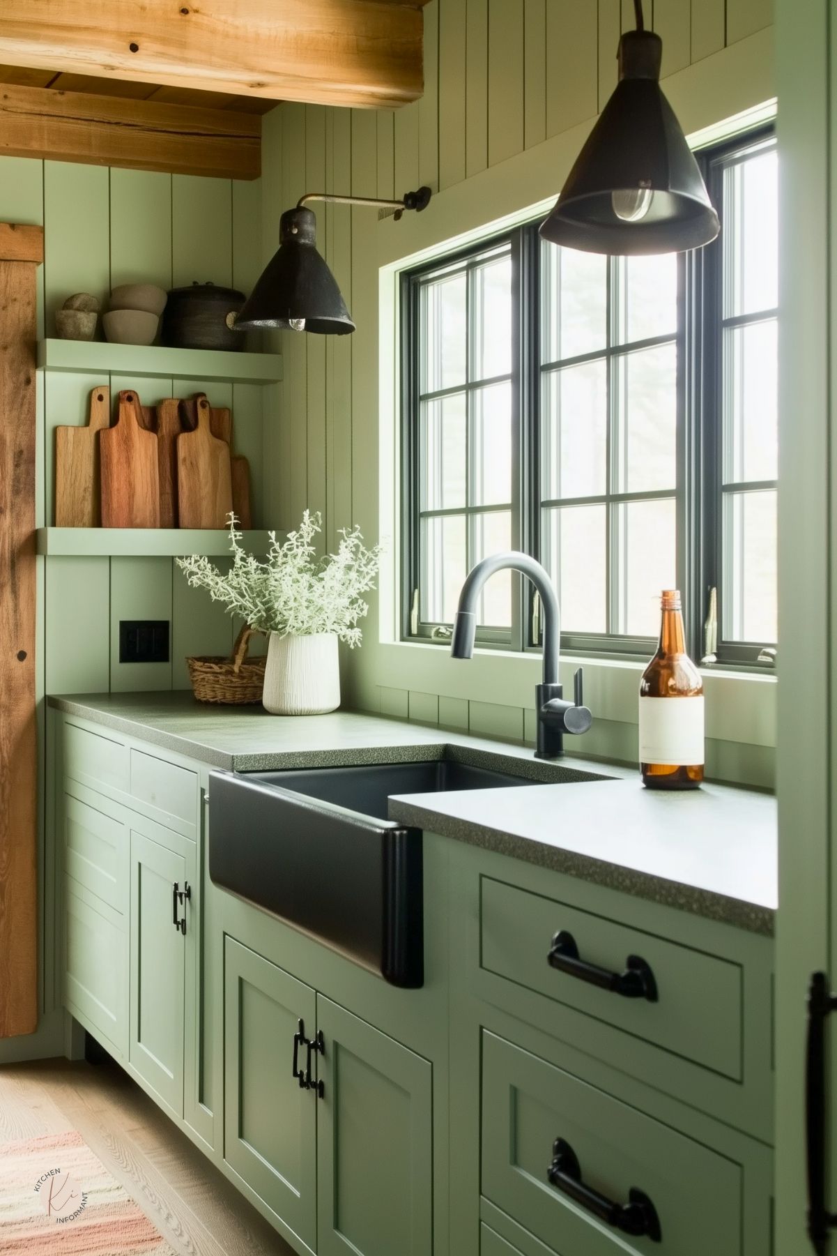 Sage green shaker cabinets and tongue-and-groove walls flank a matte black apron-front sink under exposed wood beams. A black high-arc faucet, two cone-shaped black metal sconces and a clear vase of silvery greens sit beneath black-framed windows. Floating shelves hold wooden cutting boards, adding rustic warmth to the modern farmhouse kitchen design.