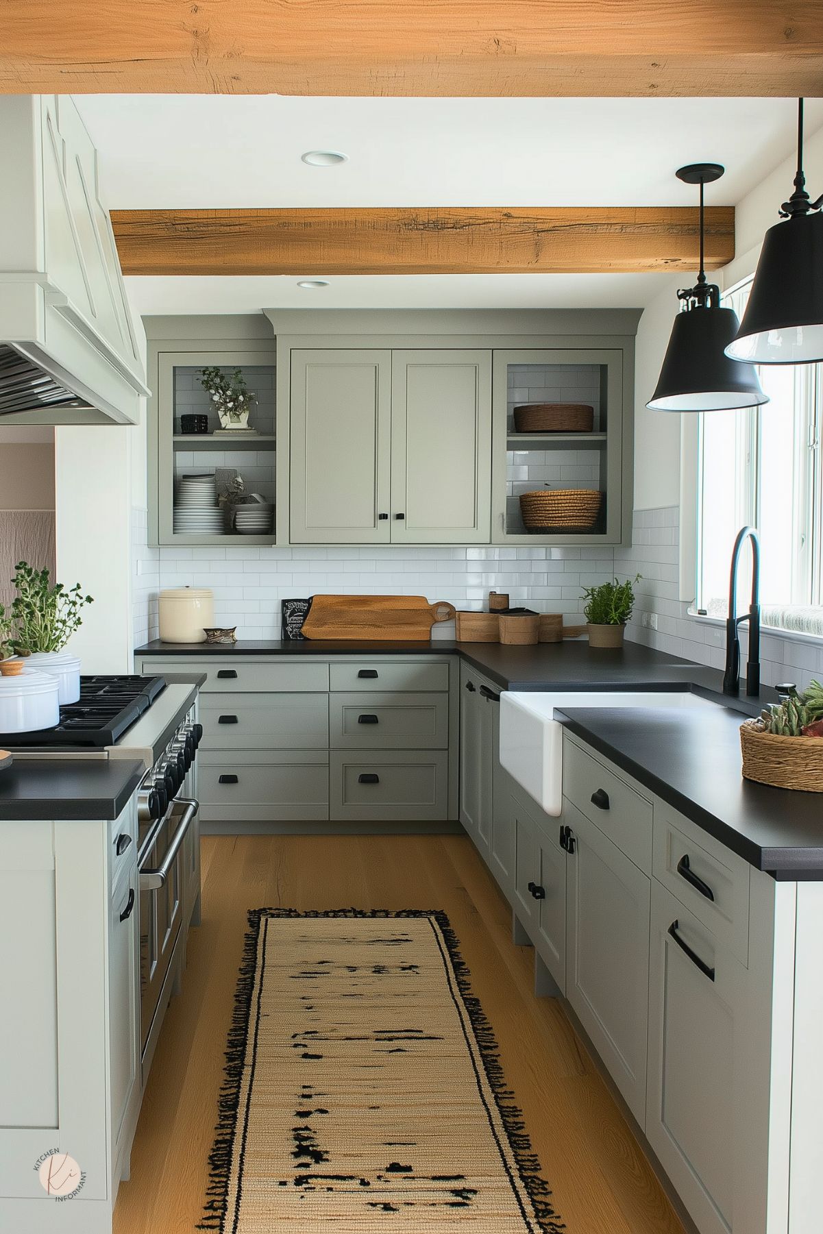 Gray shaker cabinets with black bar pulls and matte black quartz countertops flank a white farmhouse sink under exposed wood ceiling beams. Two matte black pendant lights hang above a woven runner rug on honey-toned hardwood floors. A stainless range, subway tile backsplash, wooden cutting boards and potted herbs add warmth and contrast in this modern kitchen design.