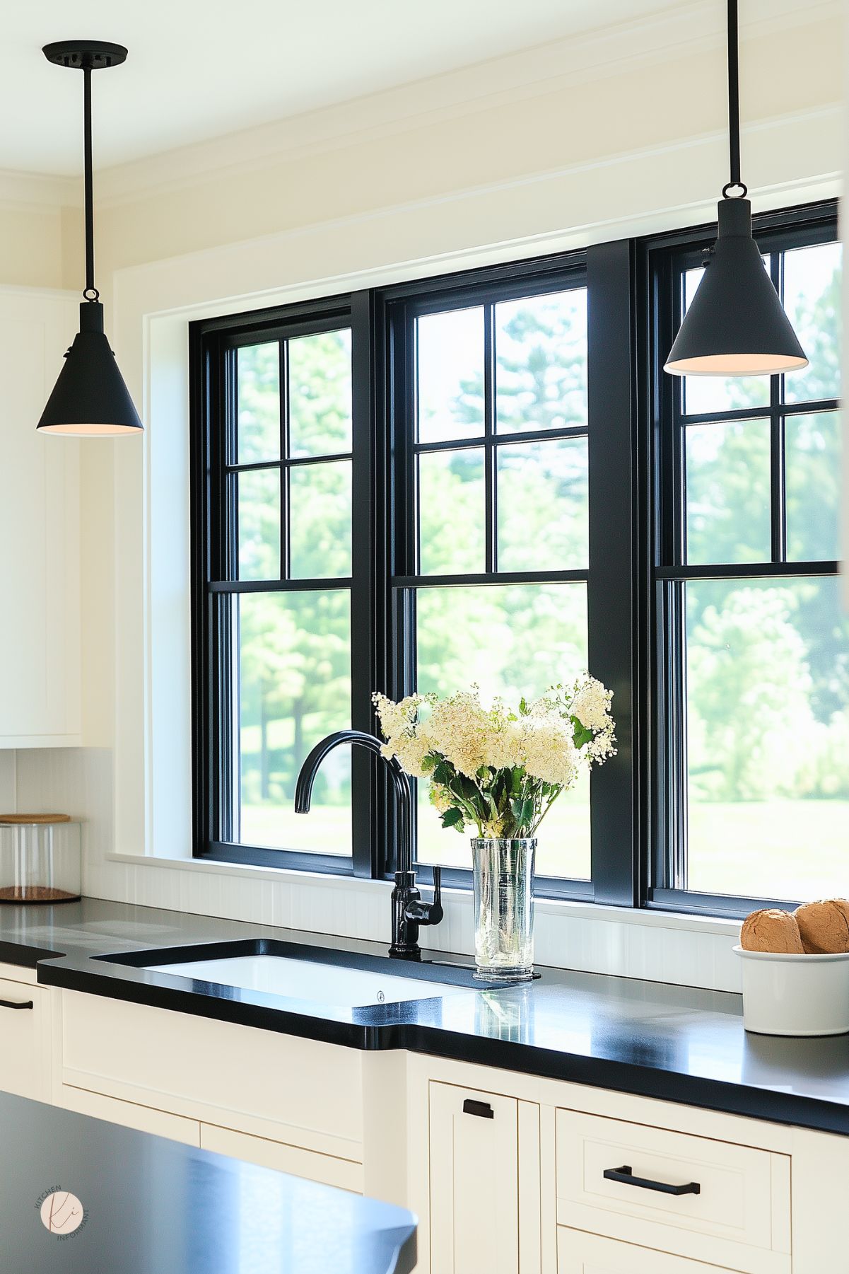 White shaker cabinets with black bar pulls flank a black quartz countertop and undermount sink beneath matte black pendant lights. Black-framed windows overlook lush greenery. A sleek black faucet, vase of white hydrangeas, and bowl of bread add natural touches to this modern kitchen with dramatic black accents.