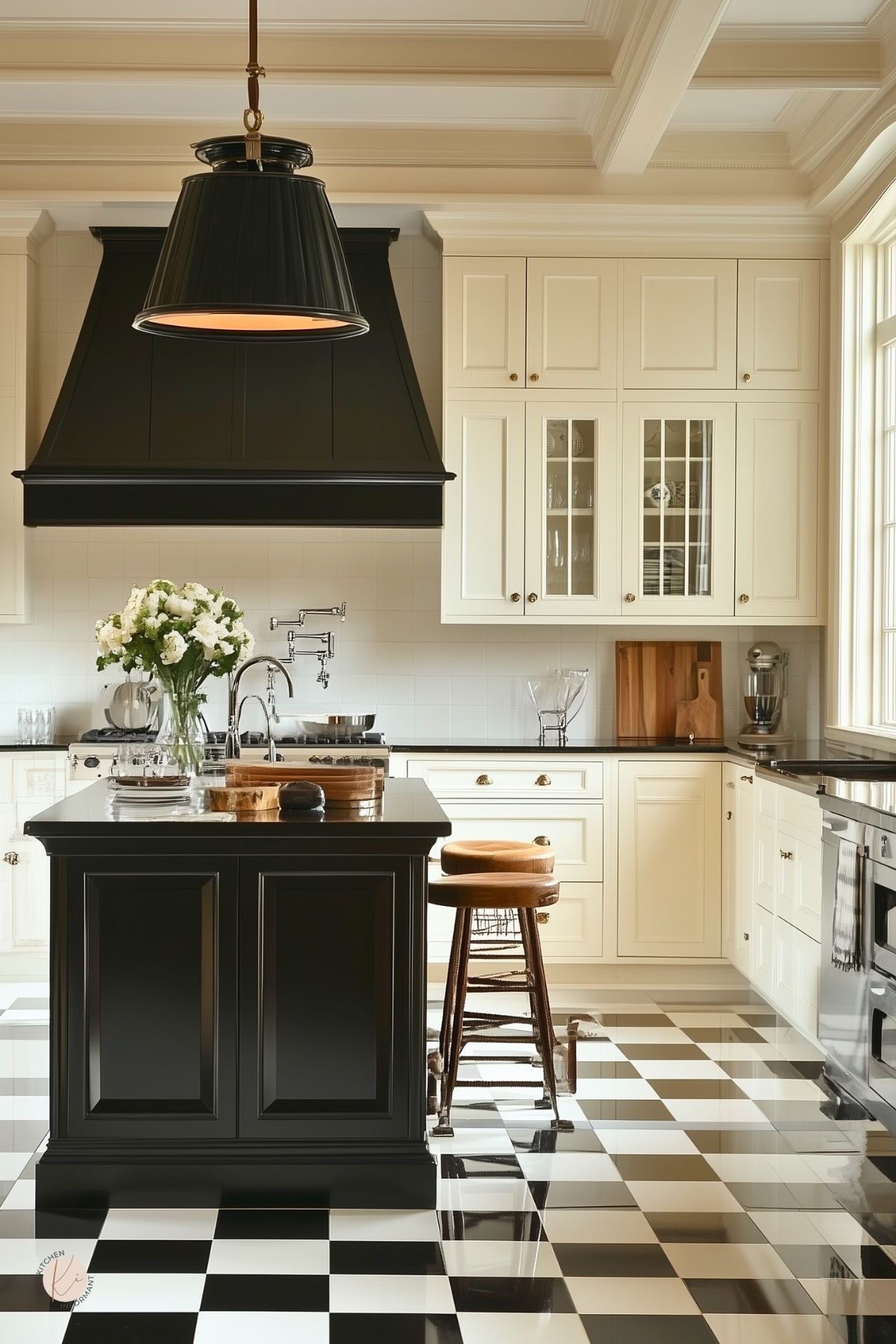Black-painted island topped with polished black granite sits on a glossy black-and-white checkerboard floor under a large black pendant. Cream shaker cabinets with brass knobs flank a matte black custom hood above a white subway tile backsplash and stainless steel range. A chrome pot filler, vase of white blooms, wooden cutting boards, and a leather-top stool add warmth to the dramatic kitchen design.