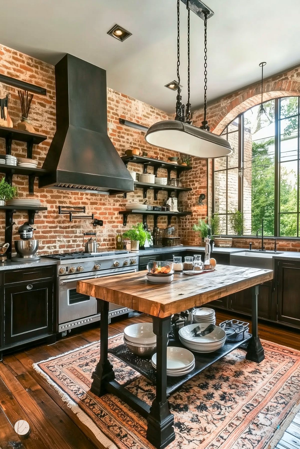 Exposed red brick accent wall paired with matte black range hood and black lower cabinets beneath open black shelving stocked with white dishes. A central butcher-block island on an ornate rug anchors the space, surrounded by warm hardwood floors, potted greenery, a stainless steel range and oversized industrial pendant light for a dramatic kitchen with chic black accents.