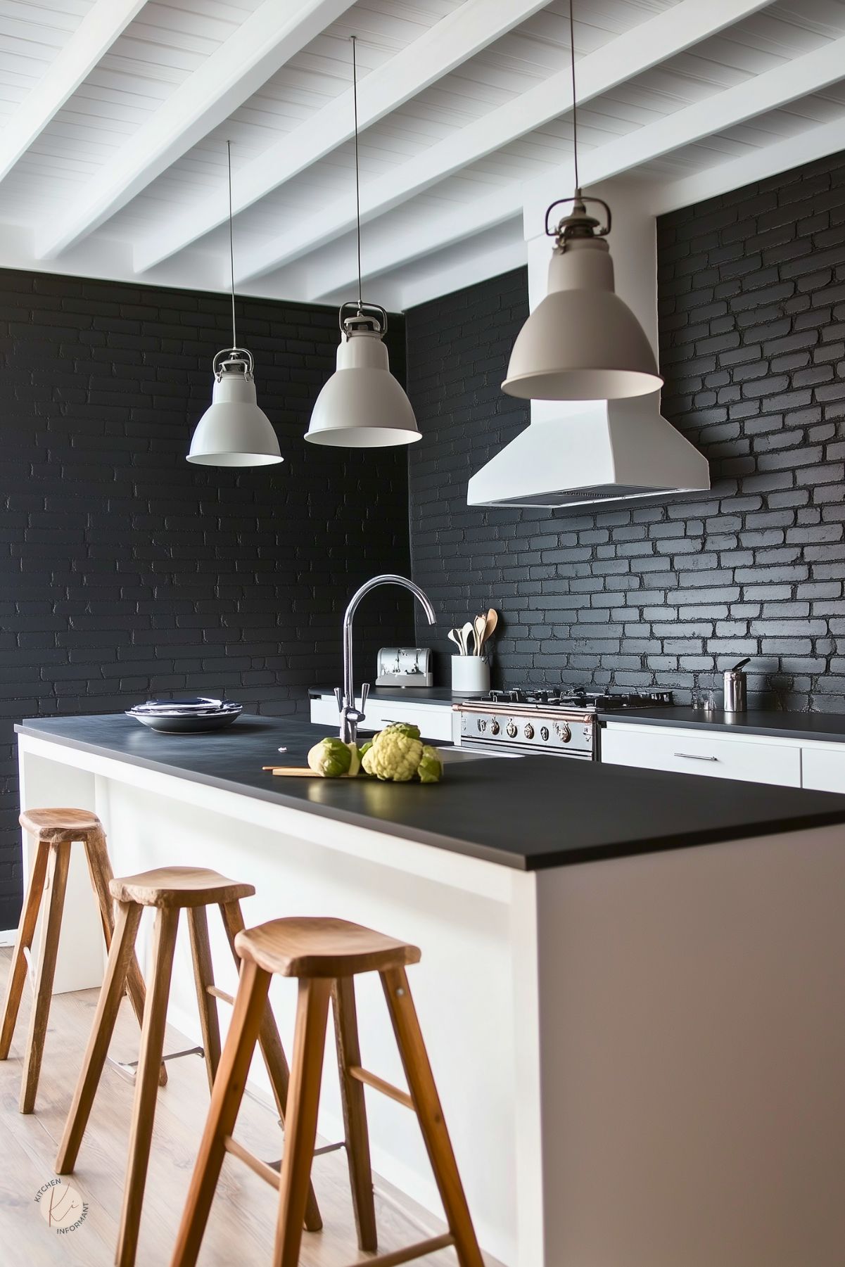 A modern kitchen with a black painted brick accent wall beneath white exposed ceiling beams. A white island topped with a matte black countertop hosts three natural wood bar stools. Oversized white industrial pendant lights hang above a stainless steel range and chrome faucet. A few green artichokes on a cutting board add a fresh touch.