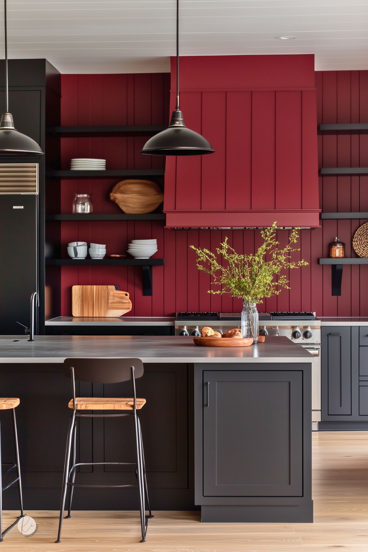 Deep red vertical shiplap wall anchors a modern kitchen with matte black lower cabinets and island under gray stone countertops. Two black industrial pendants hang over wood-top metal stools. Black open shelves display white dishes and wooden boards. A clear vase of green branches and wooden bowl of bread soften the sleek design.