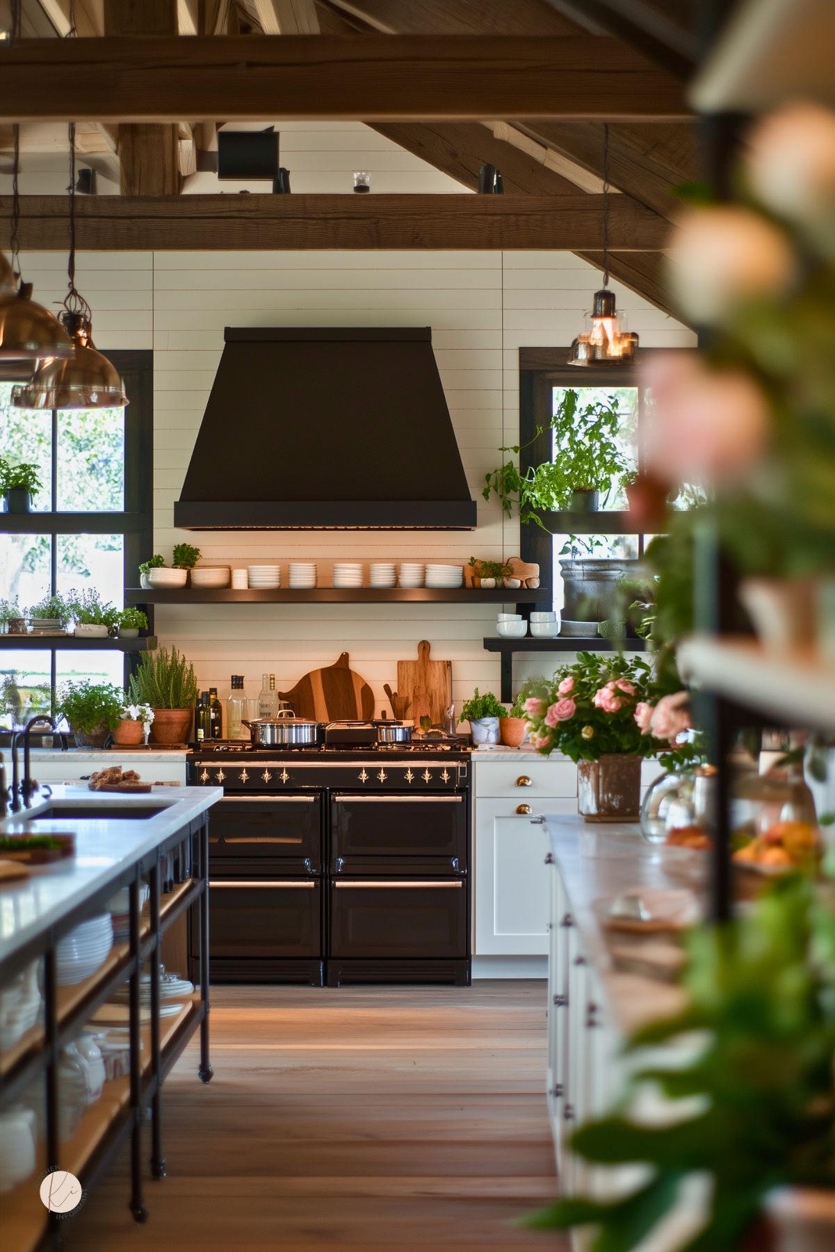 A farmhouse kitchen under high exposed oak beams and white shiplap walls, featuring a matte black range hood and open black shelves displaying white dishes and cutting boards. A white island with black countertop and inset sink sits beneath copper pendants, styled with pink roses, potted herbs, and a stainless steel range for a dramatic kitchen design.