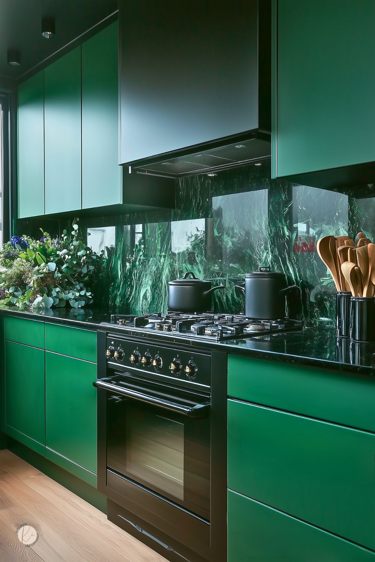 Emerald green flat-panel kitchen cabinets with a glossy green marble backsplash and black quartz countertop framing a matte black gas range. A cluster of wooden utensils and a lush eucalyptus arrangement add organic warmth to the dramatic kitchen design.