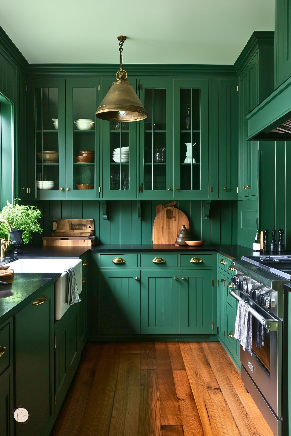 Emerald green shaker cabinets with brass cup pulls and knobs frame a dramatic kitchen design, pairing black quartz countertops and a white farmhouse apron sink with a brass faucet. Glass-front uppers, tongue-and-groove paneling, a stainless steel range, warm wood floors, wood cutting boards, and a potted fern complete the look.