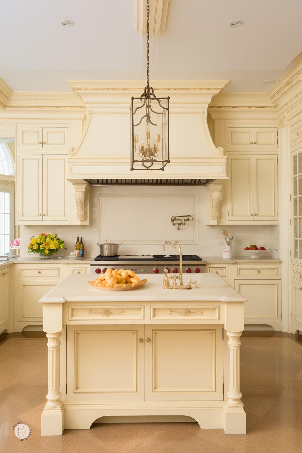 Cream colored kitchen with ornate cabinetry, a marble-topped island, gold faucet, and vintage-style pendant light. Large decorative range hood above a professional stove, with a wall-mounted pot filler. Accents include a bowl of bread rolls, yellow floral arrangement, and apples on the counter.