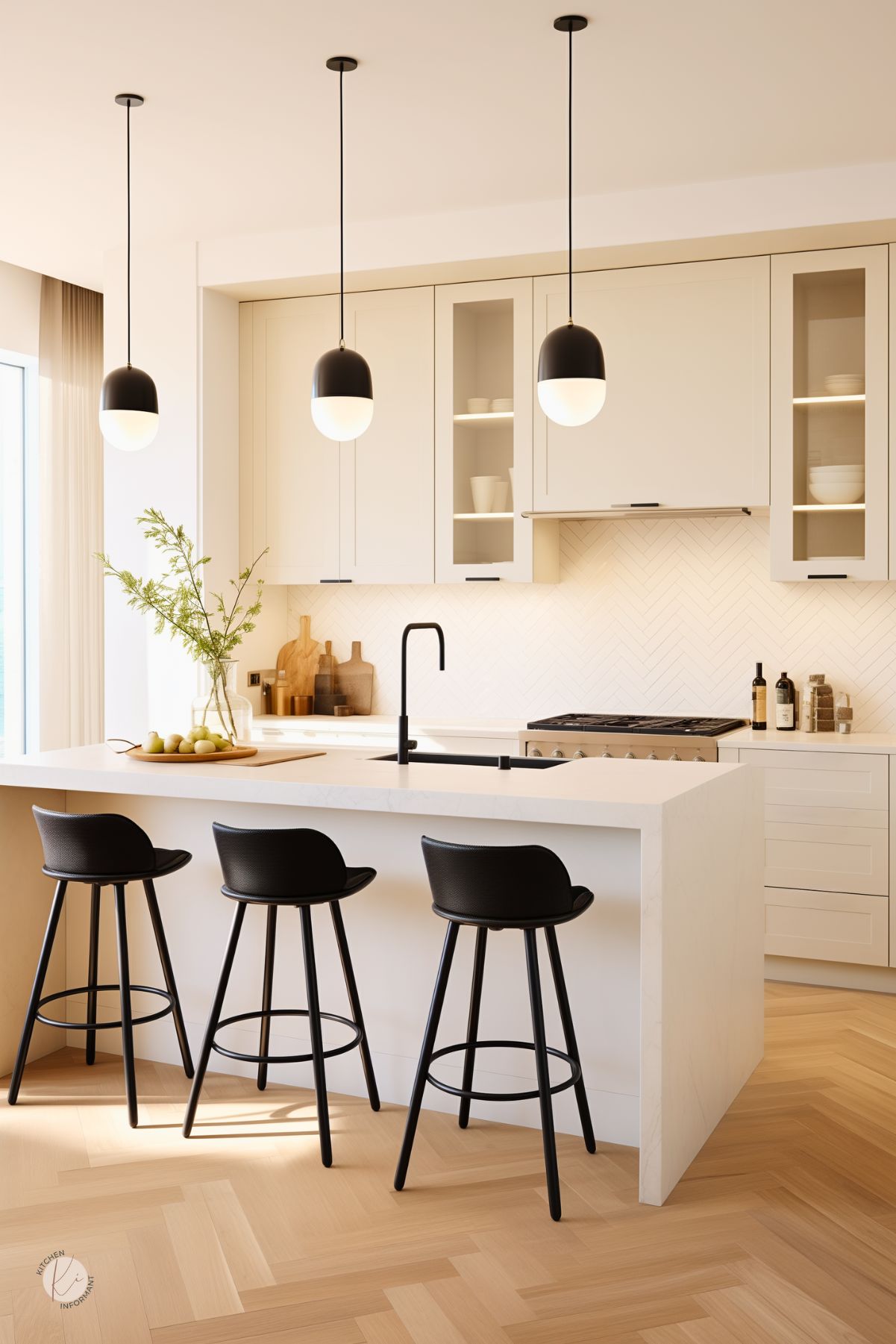 Minimalist cream colored kitchen with flat-panel cabinets and a white quartz waterfall island. Black gooseneck faucet and three modern black barstools contrast the light palette. Three black and white globe pendant lights hang above. White herringbone tile backsplash and glass-front cabinets with soft lighting. Decor includes a vase with greenery, cutting boards, and a tray of green apples on the island.