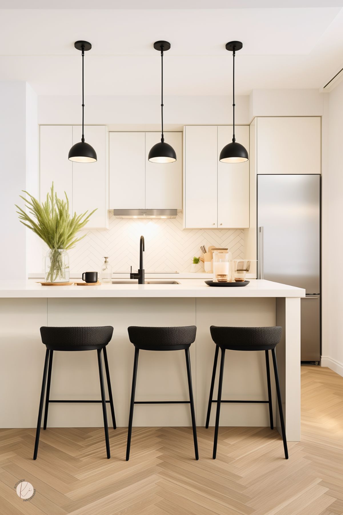 Modern cream colored kitchen with sleek flat-panel cabinets, white quartz island, and black accents. Three black pendant lights hang above the island with three black barstools. Light herringbone wood floor adds warmth. Minimal decor includes a glass vase with greenery, a black cup, and a tray with candles. Stainless steel refrigerator and white herringbone backsplash complete the clean design.