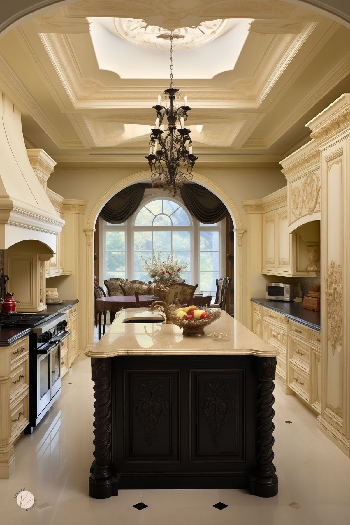 Luxurious cream colored kitchen with ornate cabinetry, intricate ceiling molding, and a dramatic arched window. Central island features carved dark wood base with a polished cream countertop, topped with a decorative fruit bowl. Black countertops and a pro-style range add contrast. An opulent chandelier hangs overhead, with a glimpse of an elegant dining area beyond the archway.