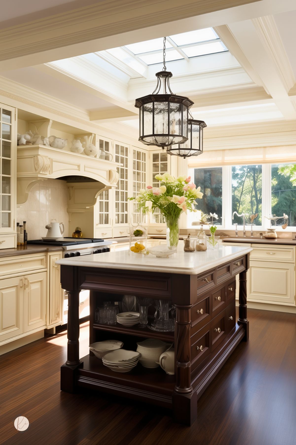 Traditional cream colored kitchen with detailed cabinetry, glass-front upper cabinets, and a large dark wood island with marble countertop. Skylight and large window bring in natural light. Two vintage lantern-style pendant lights hang above the island, which displays a vase of fresh flowers and decorative glassware. Ornate range hood and dark wood floors complete the classic, elegant design.