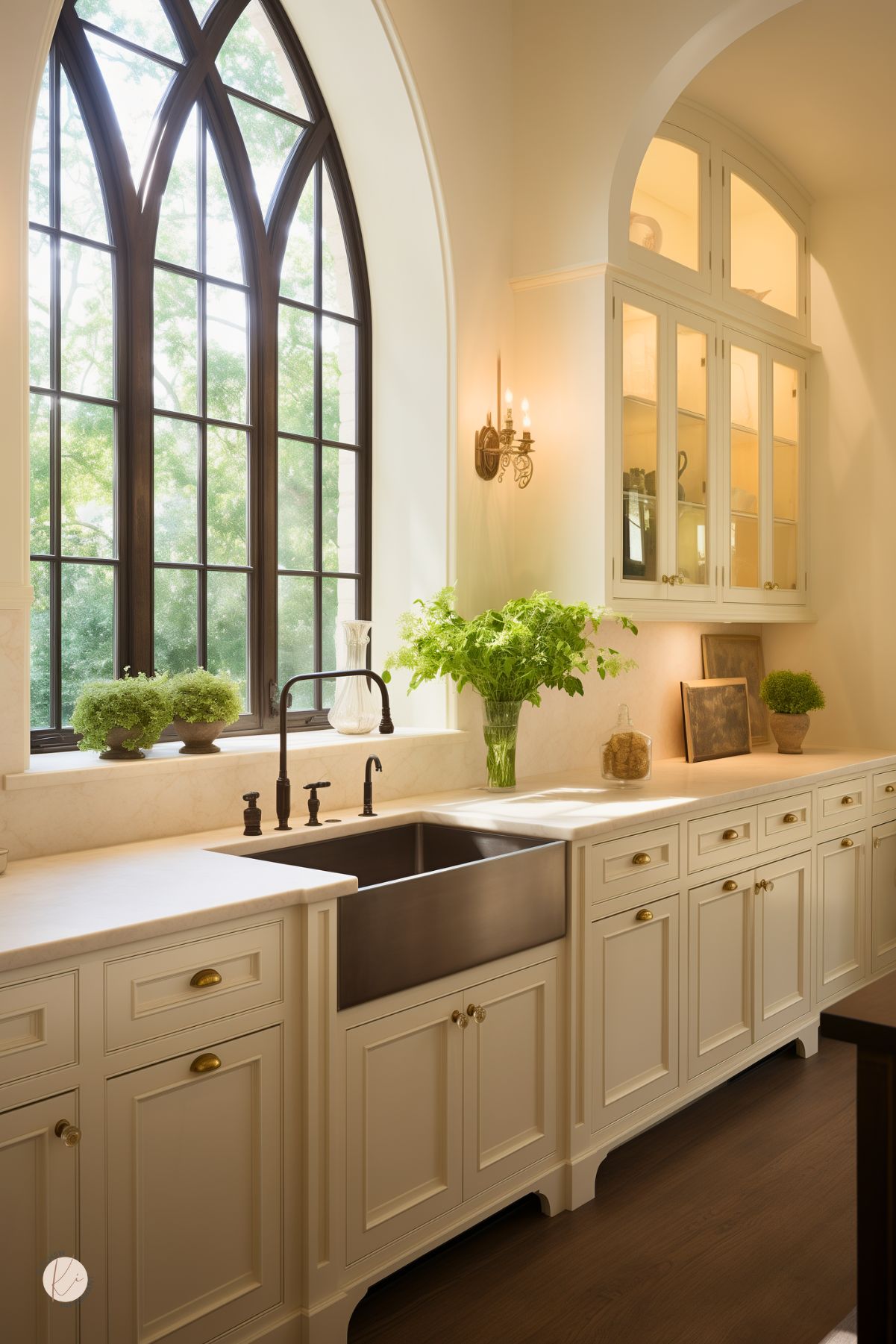 Elegant cream colored kitchen with arched black-framed window above a dark farmhouse sink. Cream cabinetry with brass hardware and marble countertops. Open shelving with glass-front upper cabinets displays decor and glassware. Countertop decor includes potted herbs, a large vase of greenery, cutting boards, and glass containers. Warm wall sconce adds soft lighting. Dark wood floors provide contrast.