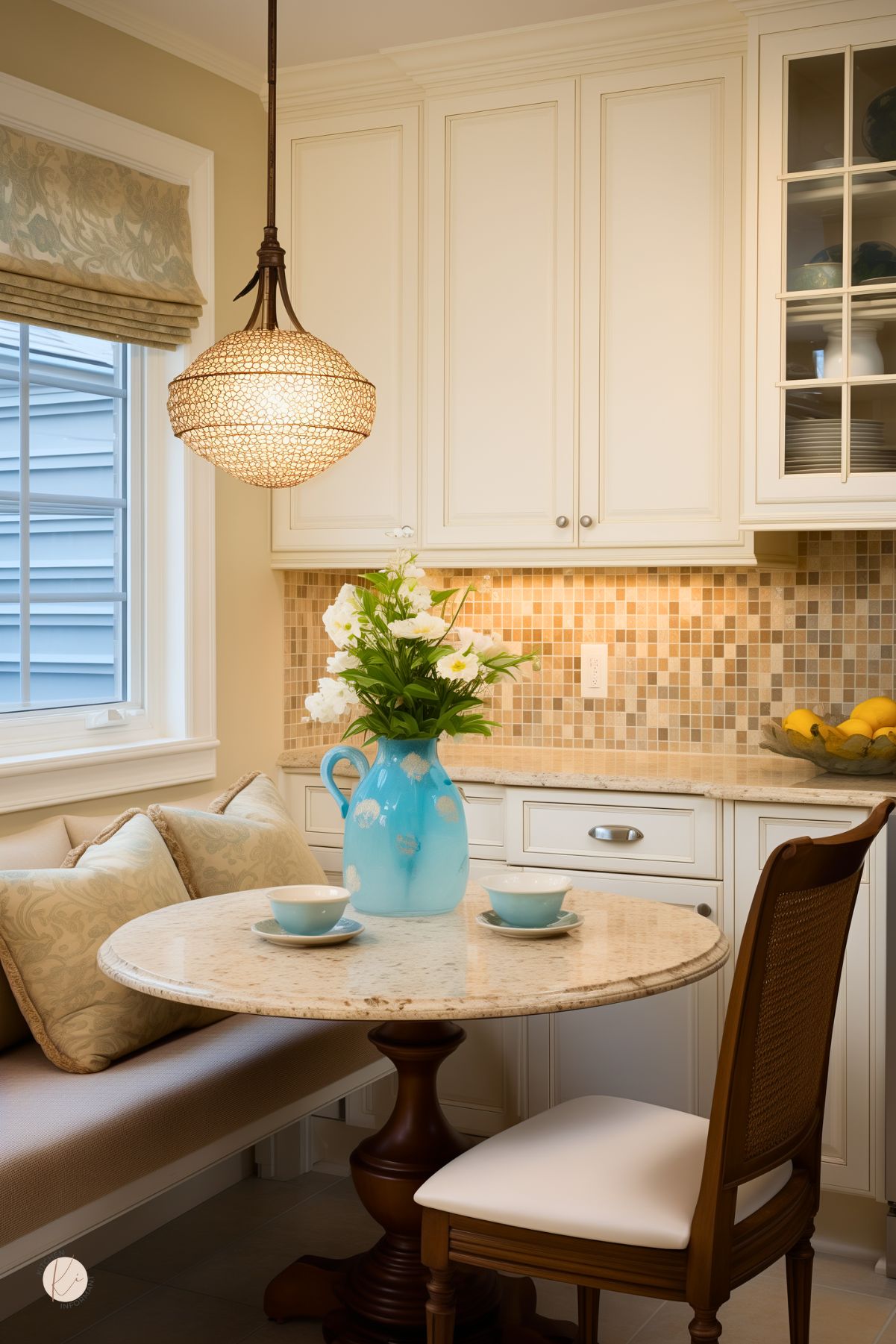 Cozy cream colored kitchen nook with a small round granite table, dark wood pedestal base, and a mix of cushioned bench and wood chair seating. Mosaic tile backsplash in warm neutrals. Blue pitcher with white flowers serves as a centerpiece, flanked by matching blue cups. Soft woven pendant light overhead and a bowl of lemons on the counter add charm.