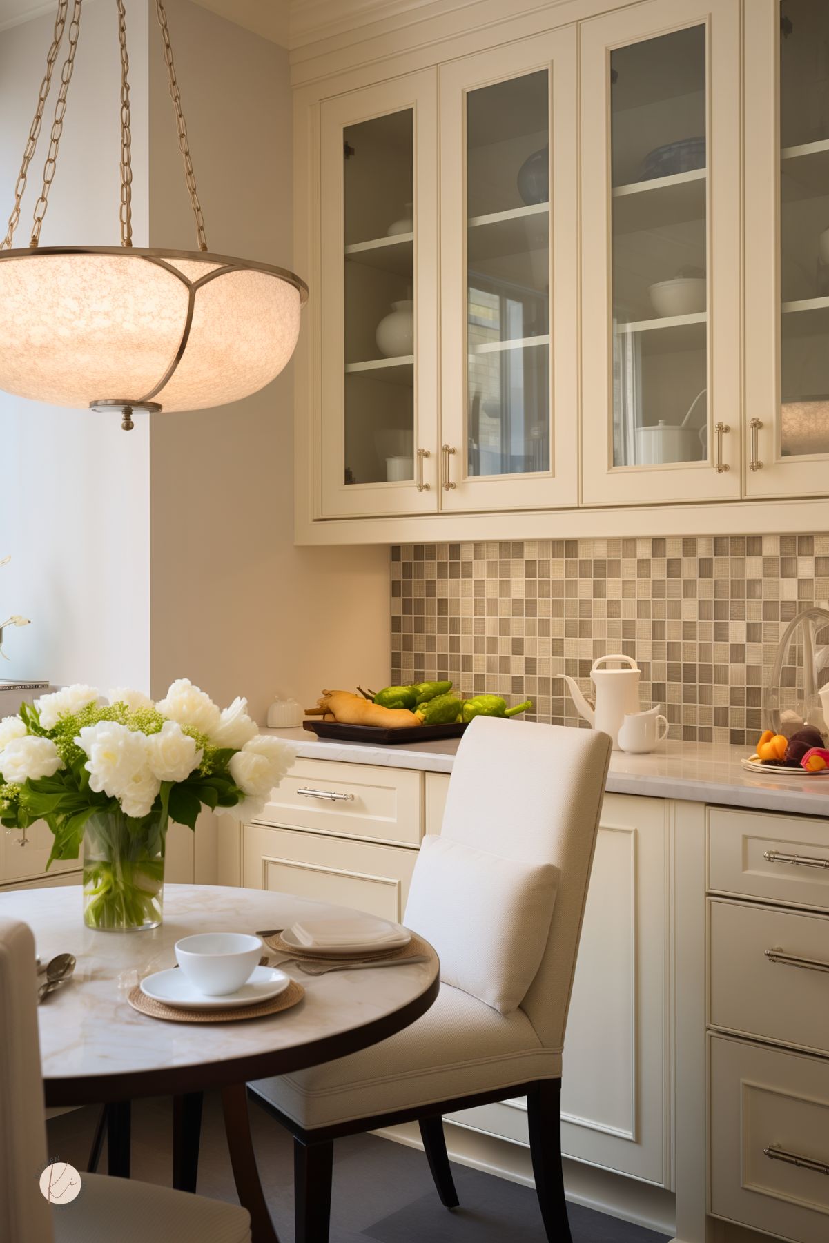 Cozy cream colored kitchen nook with glass-front upper cabinets and mosaic tile backsplash in neutral tones. White marble bistro table with upholstered chairs is set with simple white dishes and a vase of white peonies. Countertop displays fresh vegetables, a white teapot, and fruit. Large frosted glass pendant light adds soft illumination to the warm, inviting space.