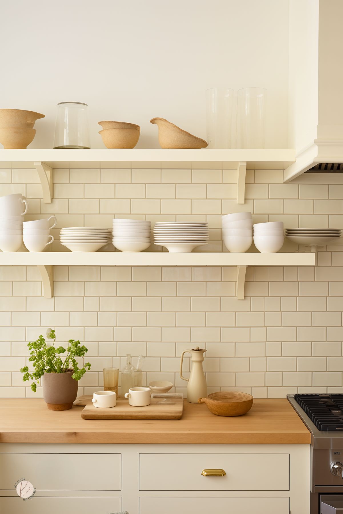 Cream colored kitchen with open shelving, stacked white dishes, and beige ceramic pieces against a cream subway tile backsplash. Light wood countertop holds a potted herb plant, cutting board with cups, glass bottles, a ceramic oil dispenser, and a wooden bowl. Stainless steel gas stove partially visible on the right.