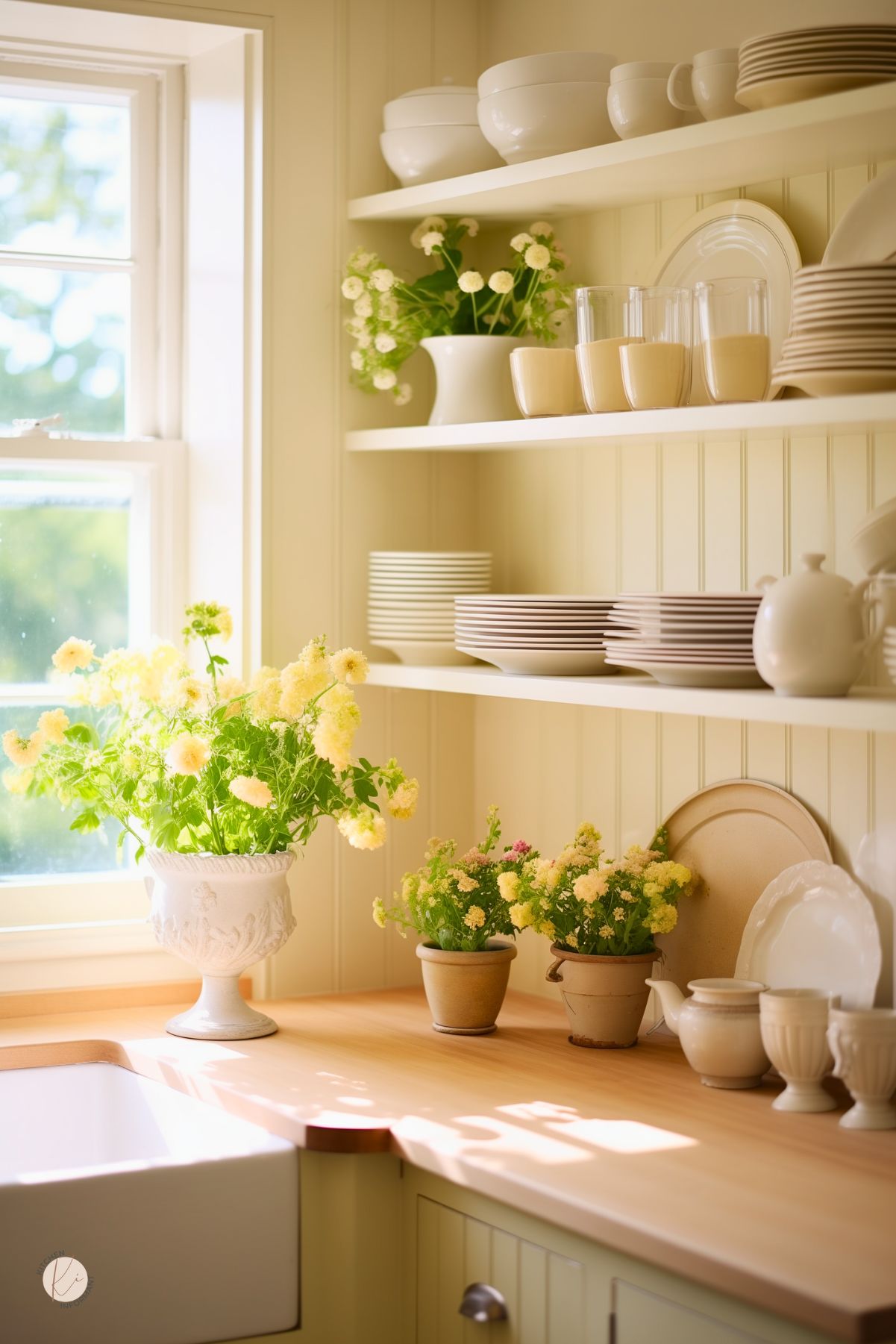 Charming cream colored kitchen with open shelving displaying white dishes and glassware. Beadboard walls and light wood countertops add cottage style warmth. White farmhouse sink below a sunny window. Countertop and shelves are decorated with fresh yellow flowers in ceramic pots and vases, creating a bright and inviting space with a relaxed vintage kitchen vibe.
