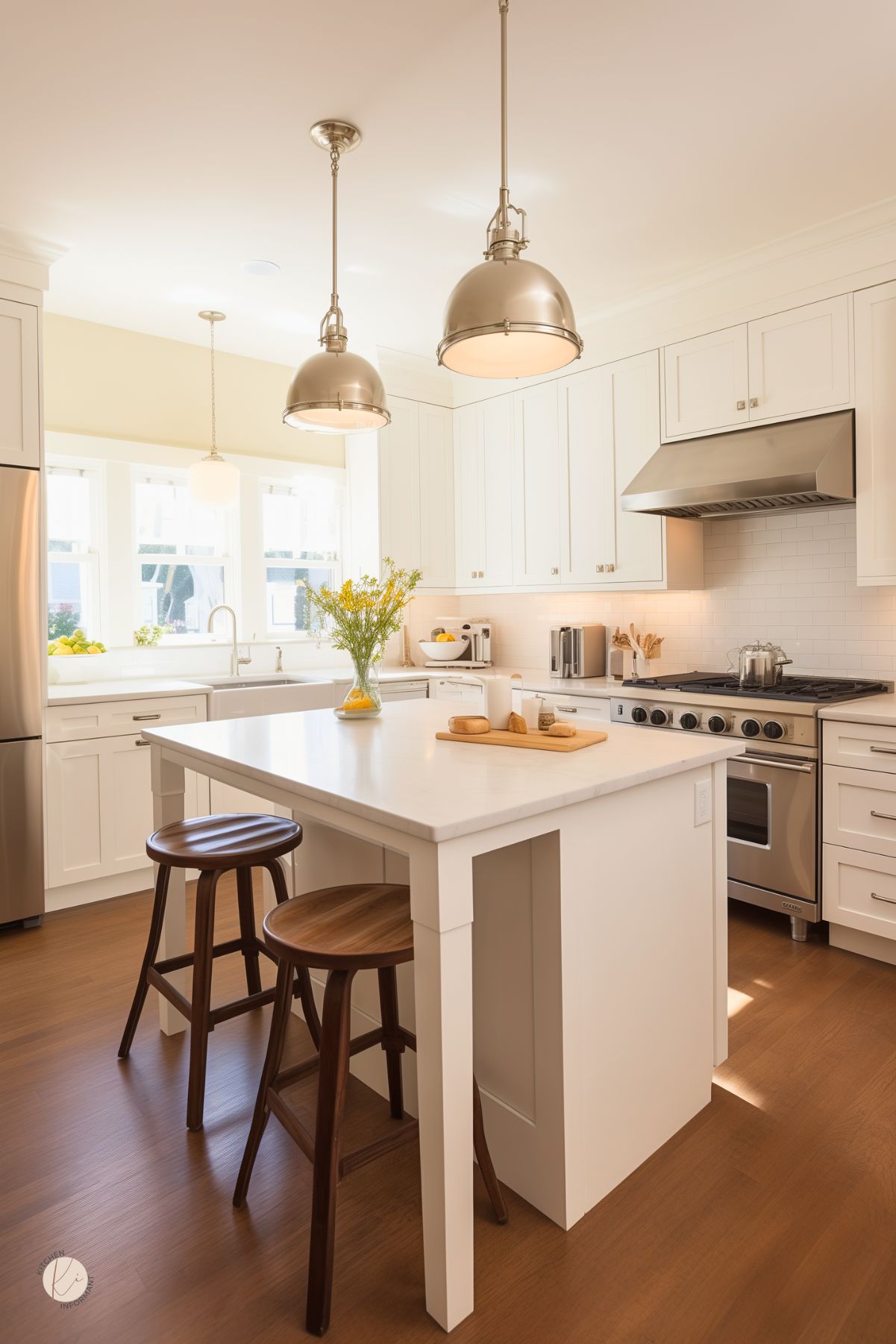 Bright cream colored kitchen with shaker-style cabinets and white subway tile backsplash. Stainless steel appliances, including a large professional range with hood. White marble island with simple wood stools provides seating. Two oversized metal pendant lights hang above the island. Decor includes a vase of yellow flowers and lemons by the window, adding cheerful pops of color. Warm wood flooring grounds the space.