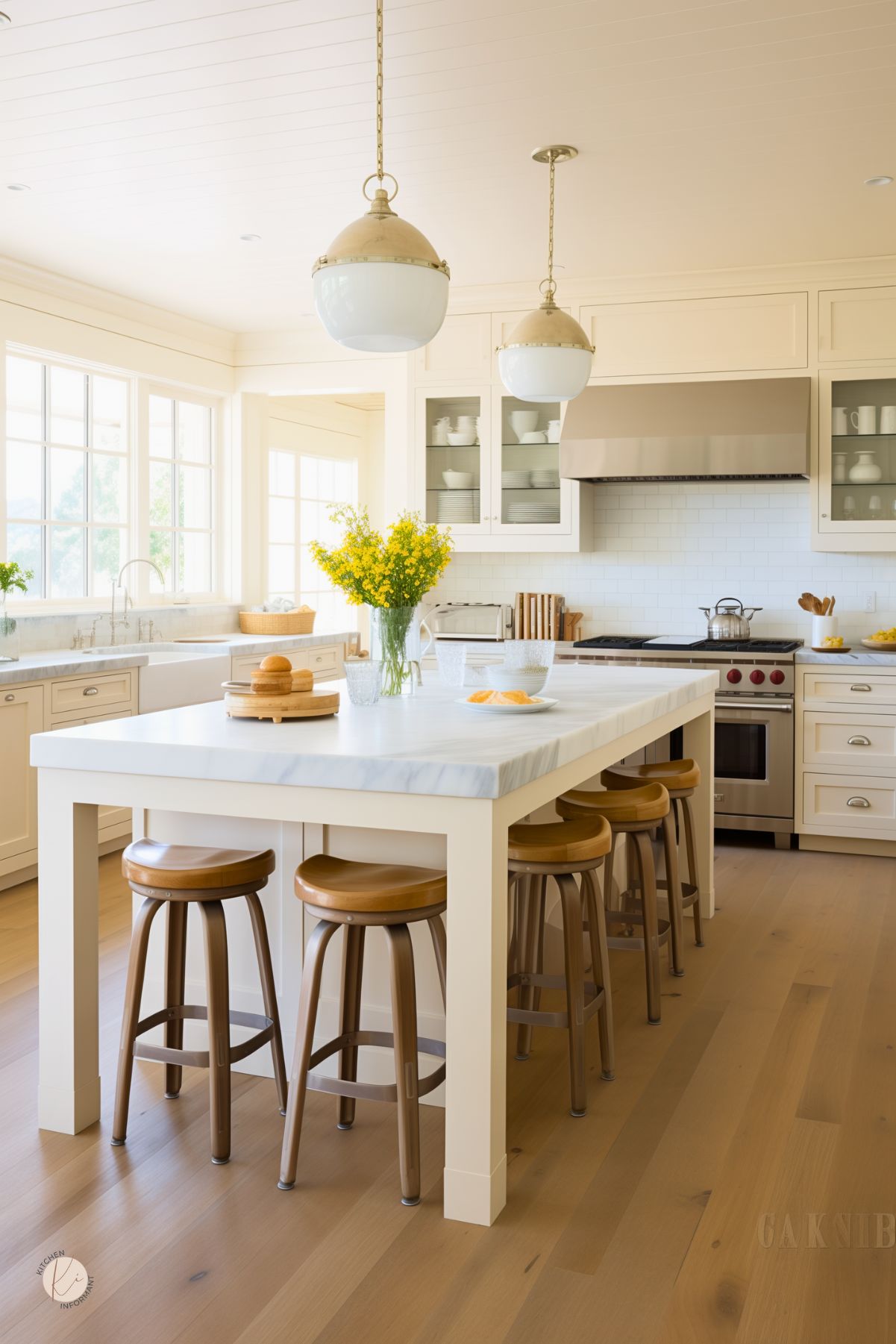 Bright cream colored kitchen with large windows and white subway tile backsplash. Cream cabinetry with glass-front uppers and a stainless steel range with matching hood. Large marble-topped island with five wooden stools offers ample seating. Oversized pendant lights hang above the island. Decor includes a vase of yellow flowers, a bread board, and simple dishware, creating a fresh and inviting space.