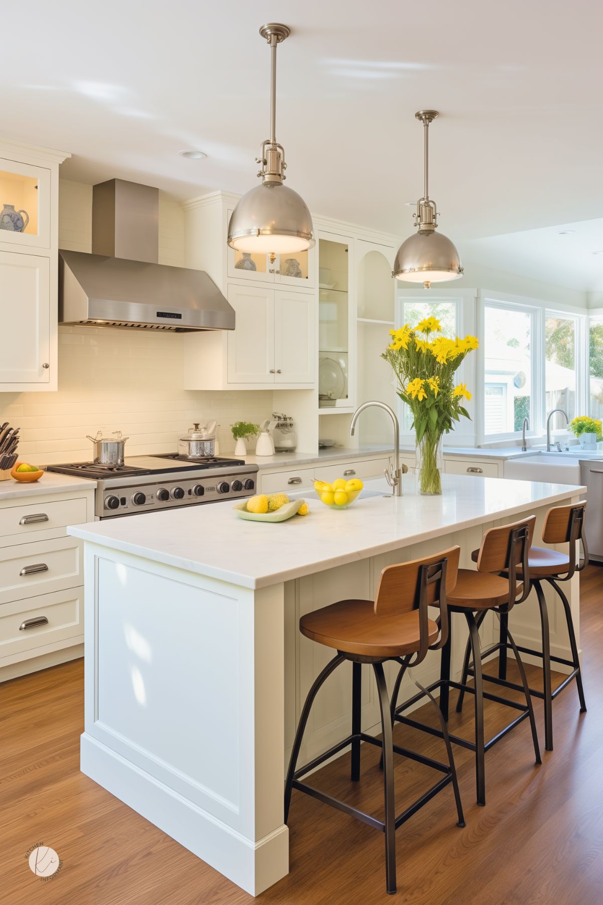 Cream colored kitchen with white subway tile backsplash and stainless steel range with modern hood. Large island with white marble countertop and built-in sink, surrounded by three wood and metal barstools. Industrial-style pendant lights hang above the island. Bright yellow flowers and fresh lemons add cheerful accents. Spacious layout with plenty of natural light from large windows over the farmhouse sink.