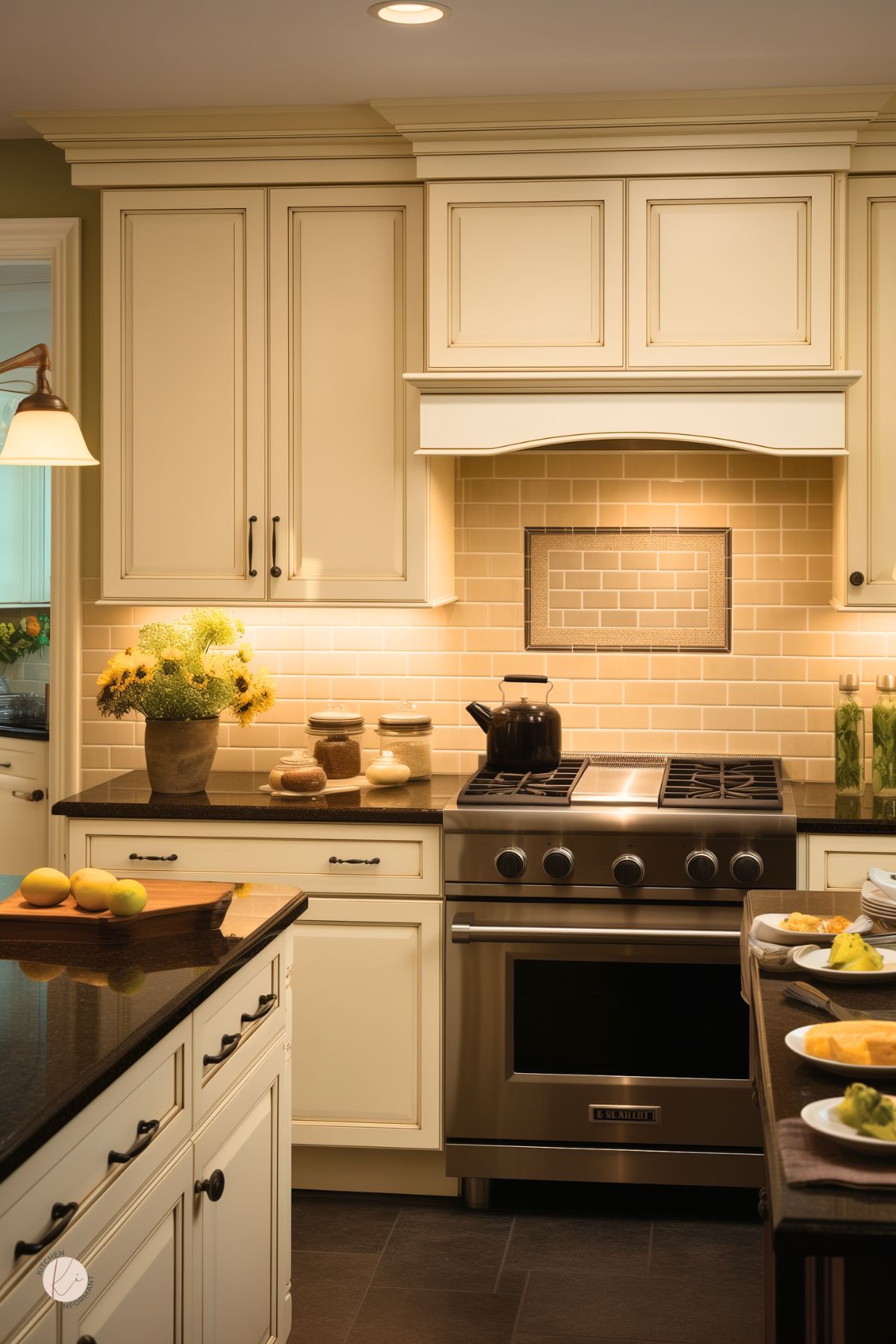Traditional cream colored kitchen with paneled cabinetry and warm beige subway tile backsplash. Stainless steel range and black countertops add contrast. Small framed tile accent behind the range. Decor includes a vase of sunflowers, jars of dry goods, and lemons on a wooden cutting board. Under-cabinet lighting highlights the backsplash, creating a cozy and inviting cooking space.