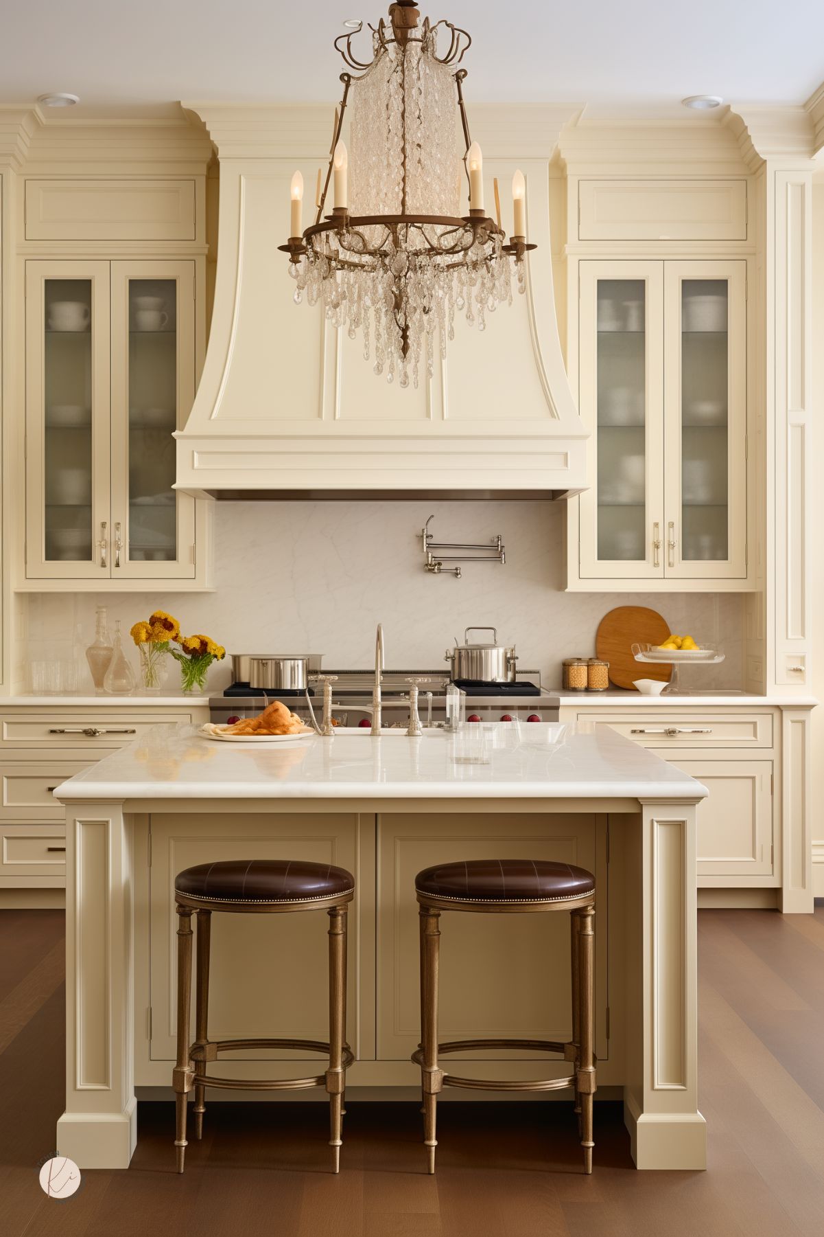 Elegant cream colored kitchen with a large ornate range hood and crystal chandelier. Marble backsplash and countertops complement the detailed cabinetry. Central island with two bronze and leather barstools. Stainless steel range with pot filler and pots on the stove. Decor includes yellow flowers, lemons in a glass dish, and croissants on a plate. Rich wood flooring adds warmth.