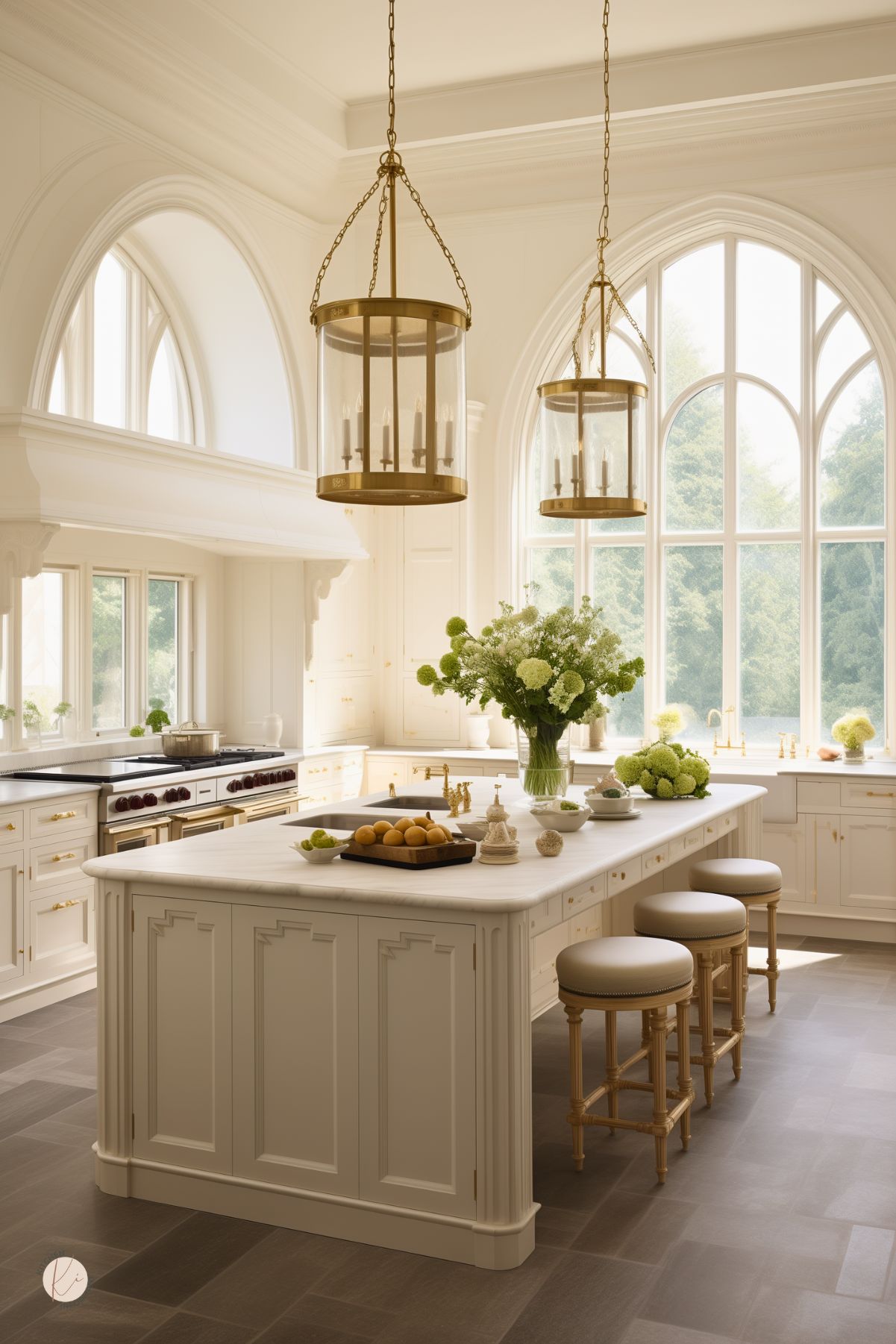 Grand cream colored kitchen with arched windows flooding the space with natural light. Large island with rounded corners and marble countertop, surrounded by upholstered stools with gold legs. Gold pendant lanterns hang overhead. Gold hardware accents the cabinetry. Decor includes fresh green hydrangeas and lemons. Professional range with red knobs sits beneath a large decorative hood.