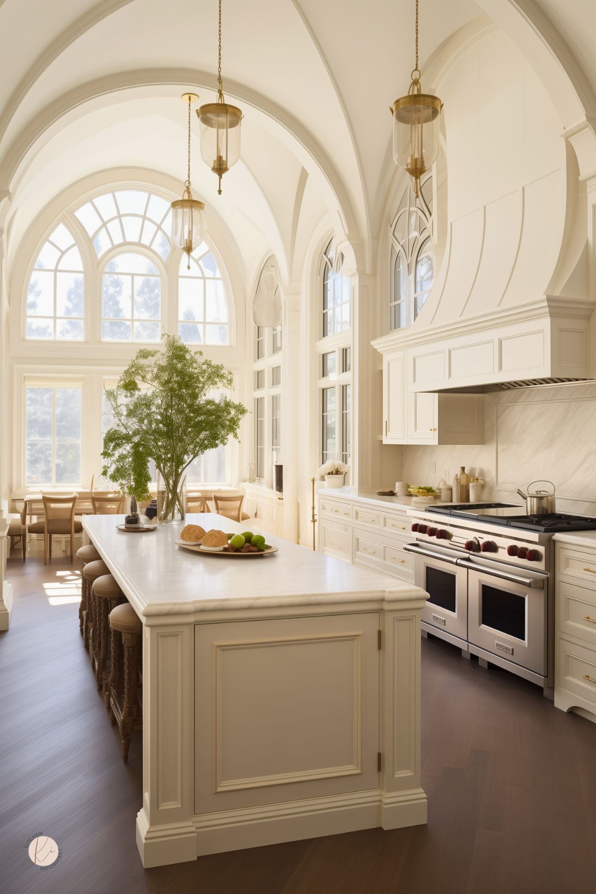 Cream colored kitchen with soaring arched ceilings and tall arched windows flooding the space with natural light. Large marble-topped island with wood stools and decorative molding. Gold pendant lanterns overhead. Professional double oven range with red knobs and a grand range hood. Decor includes a vase with tall greenery, bowls of fruit, and breads on display. Built-in banquette seating in the breakfast nook.