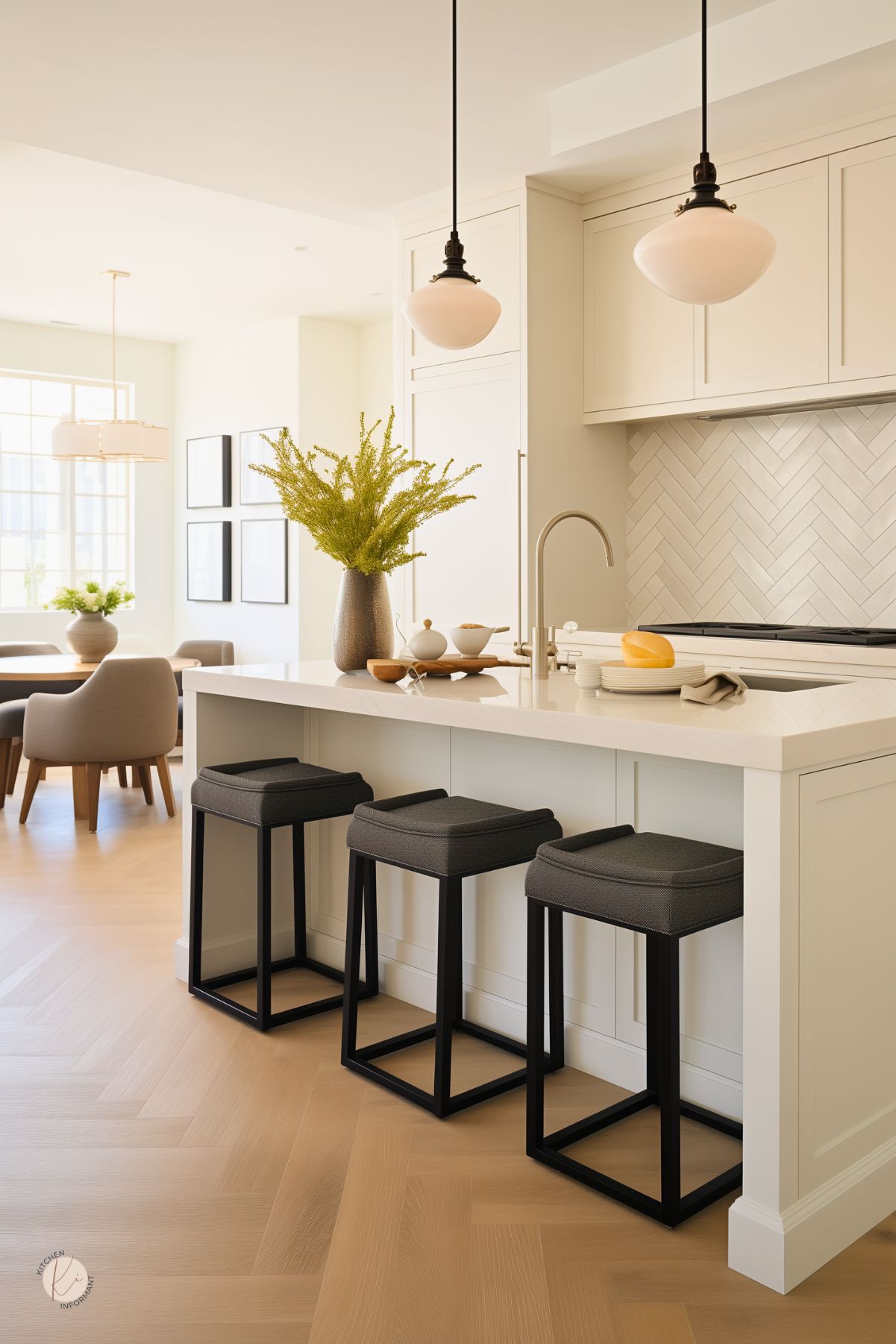 Contemporary cream colored kitchen with a white quartz island, brass faucet, and cream herringbone tile backsplash. Three modern black and charcoal gray barstools line the island. Two round pendant lights with black accents hang above. Minimal decor includes a tall vase with yellow greenery and a tray with bread and ceramics. Light wood herringbone floors and an open dining area enhance the airy feel.