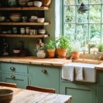 Cottagecore kitchen with sage green shaker cabinets, butcher-block countertops, and a white farmhouse apron sink topped by a brass faucet. Rustic wood shelves hold handmade ceramics, while terracotta pots of basil and other herbs sit on a sunlit window ledge framed by garden ivy.