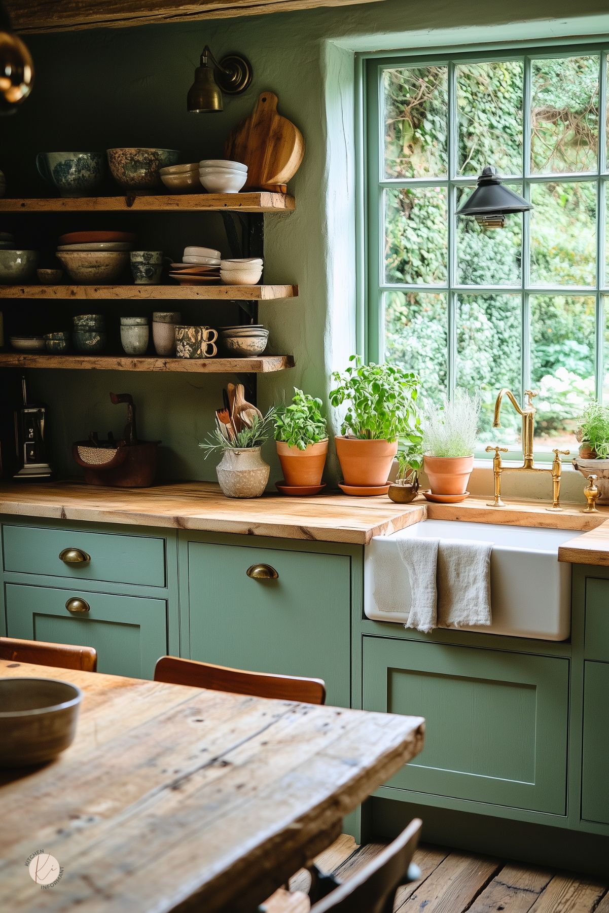 Cottagecore kitchen with sage green shaker cabinets, butcher-block countertops, and a white farmhouse apron sink topped by a brass faucet. Rustic wood shelves hold handmade ceramics, while terracotta pots of basil and other herbs sit on a sunlit window ledge framed by garden ivy.