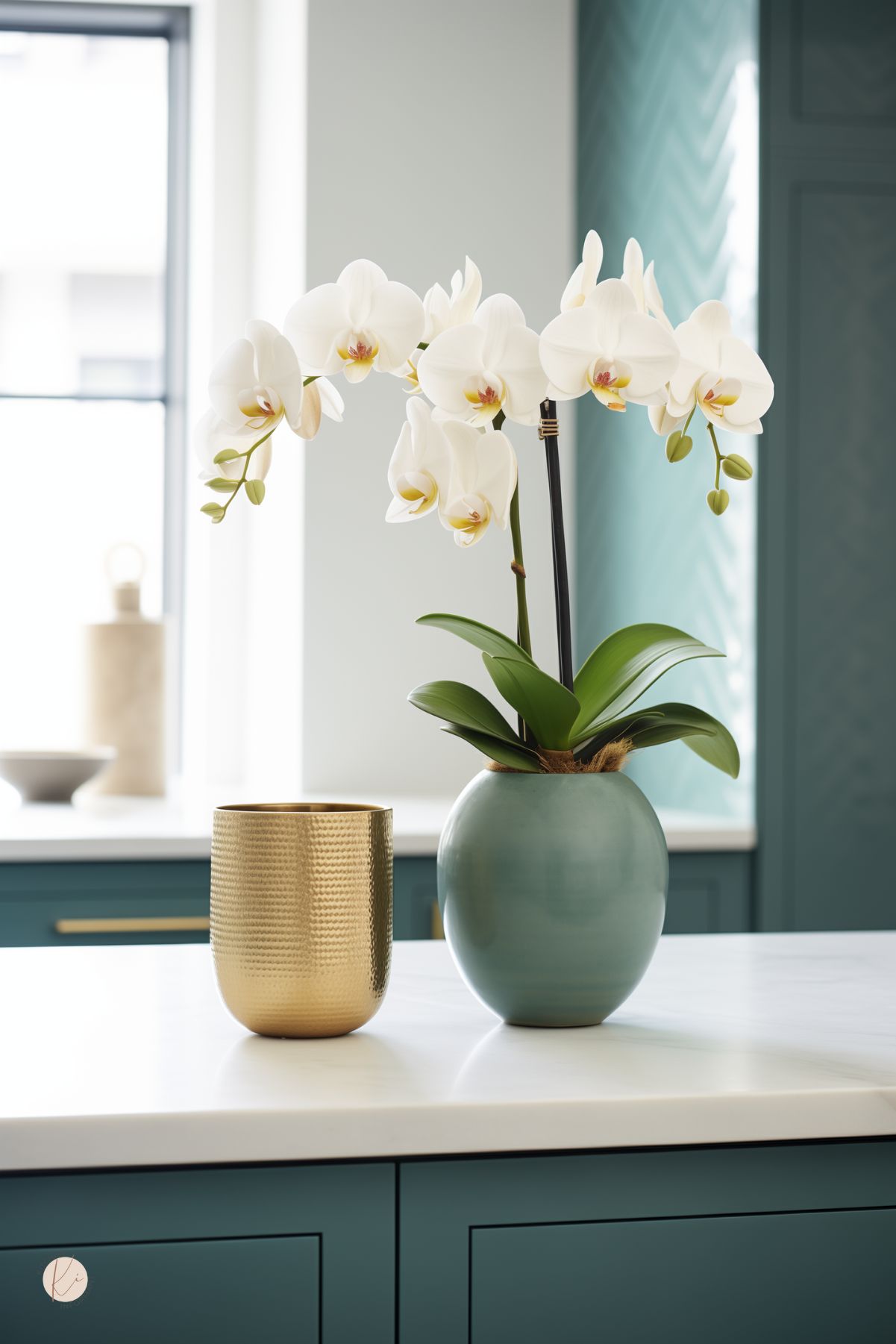 White Phalaenopsis orchid in a teal ceramic pot next to a hammered brass vase on a white marble countertop. Teal shaker cabinets with brass handles and drawer fronts sit beneath a bright window.