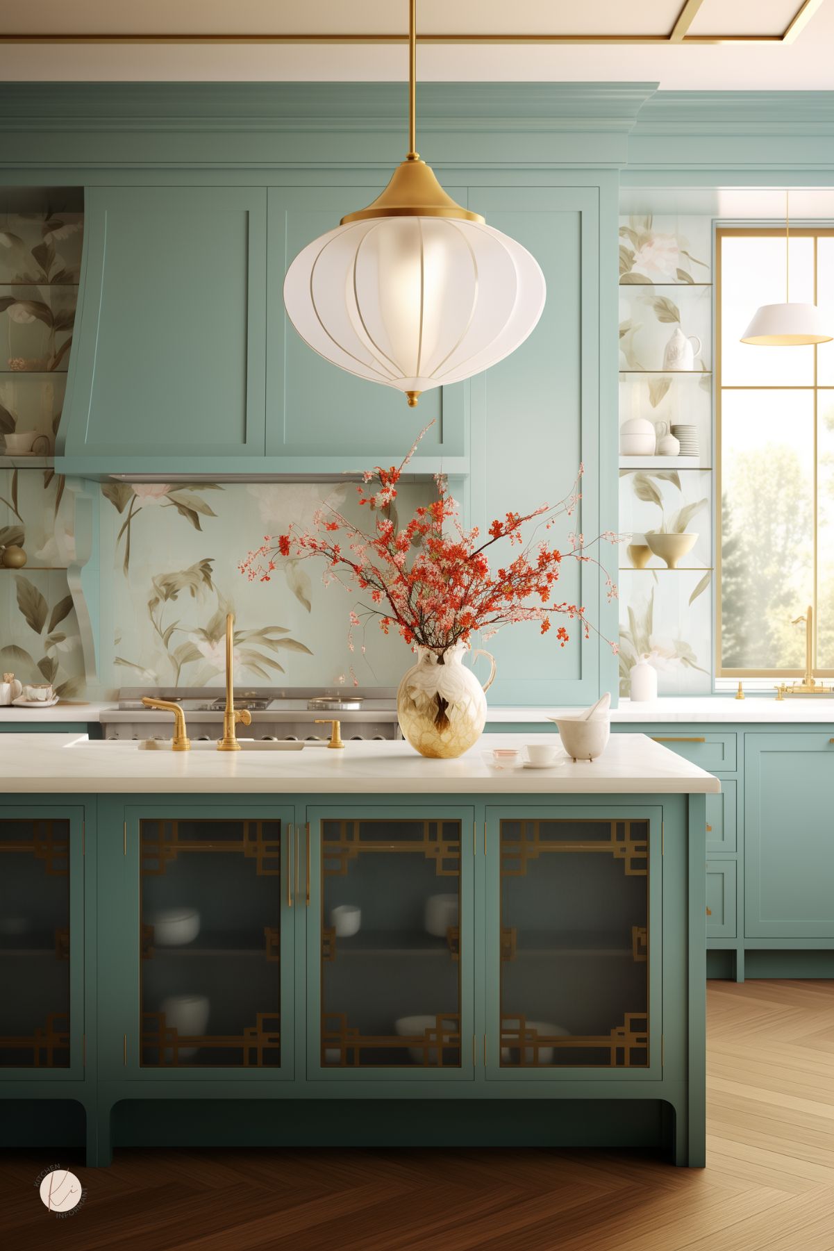 Teal kitchen island with frosted glass doors in gold fretwork and a white marble countertop holds a brass gooseneck faucet and a ceramic jug of red flowering branches. Behind it, matching teal cabinetry and hood frame hand-painted floral wallpaper, flanked by glass shelves with white dishes. A sculptural white-and-brass pendant and brass ceiling molding complete the scene.