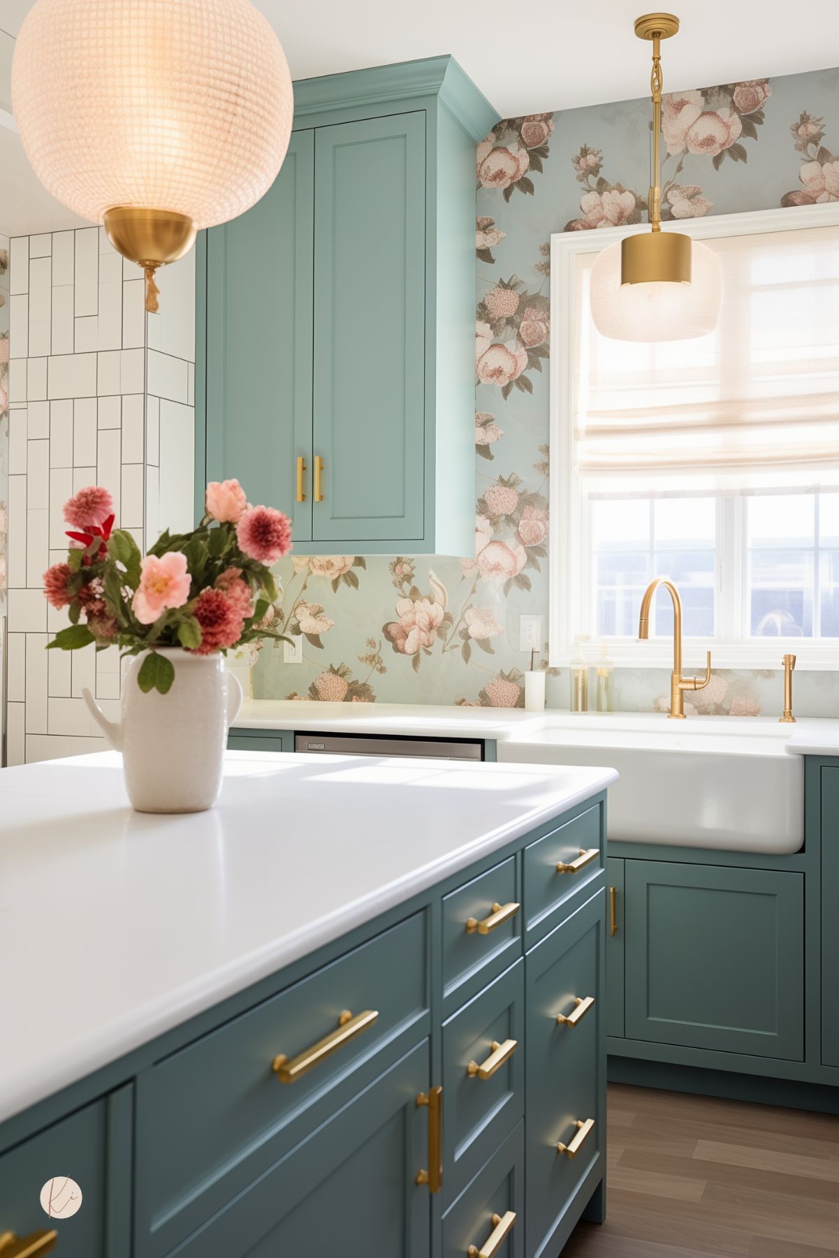White marble island with teal shaker cabinets and brass handles, topped by a ceramic pitcher of mixed pink blooms. Teal upper cabinets bookend floral wallpaper, a brass pendant light and a brass faucet over a white farmhouse sink beneath a sunlit window.