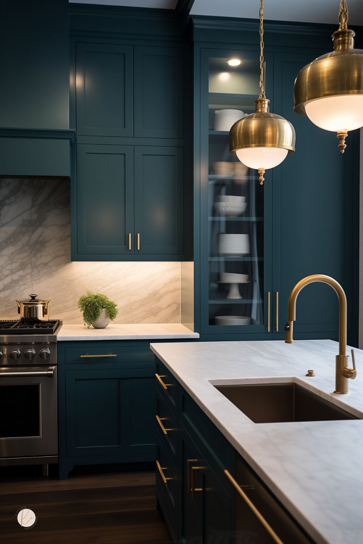 White marble-topped island with undermount sink and brass gooseneck faucet sits before dark teal shaker cabinets with brass bar pulls and a glass-front cabinet. A stainless steel range with brass accents is set beneath matching cabinetry. Two brass-and-glass pendant lights hang above, and a small potted fern rests on the marble countertop against a marble slab backsplash.