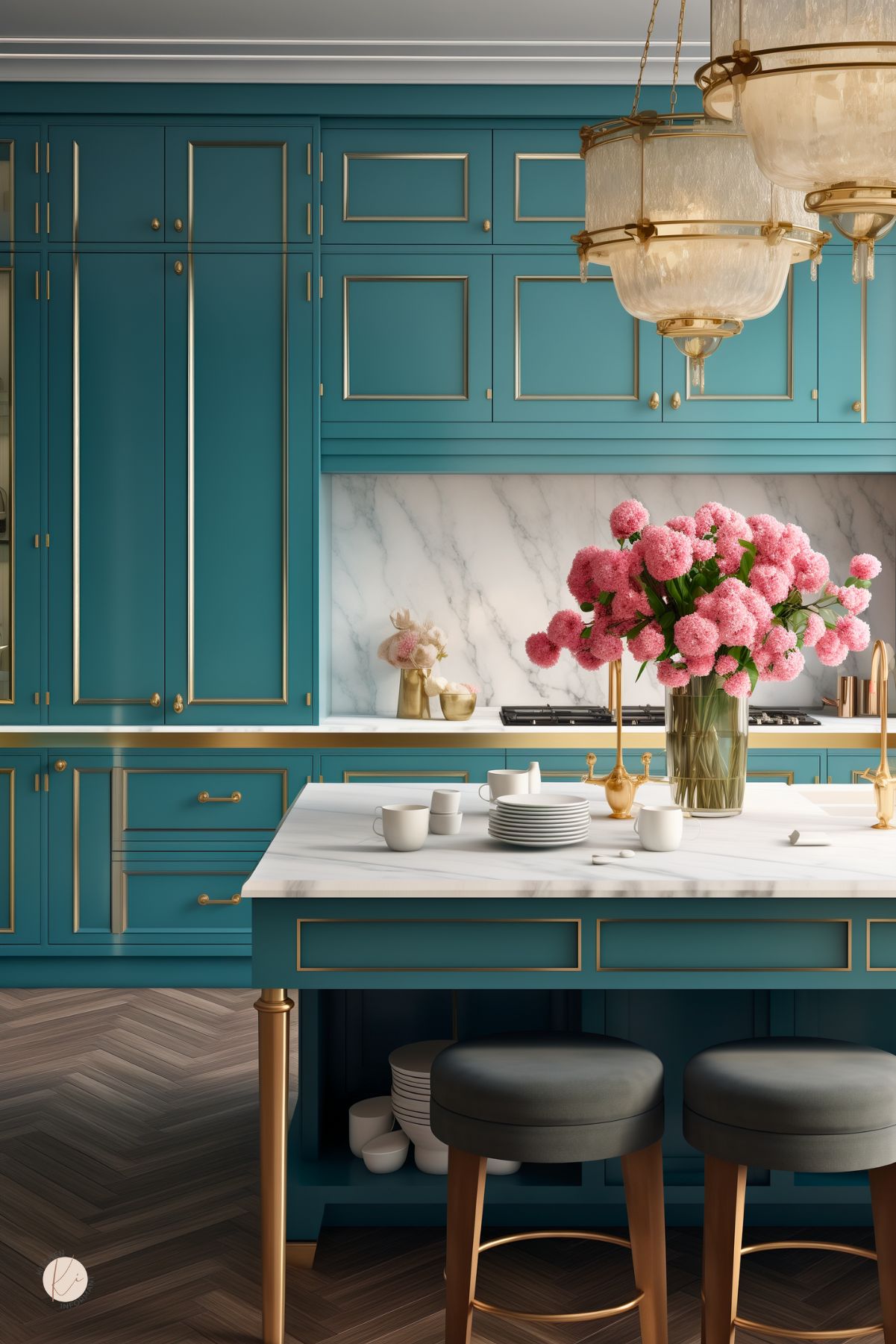 Teal shaker-style cabinets with brass trim and hardware frame a white marble island topped with gold faucets, stacked plates, mugs, and a glass vase of pink blooms. Marble backsplash, oversized brass-and-glass pendant lights, and dark wood herringbone floors complete the elegant kitchen design.