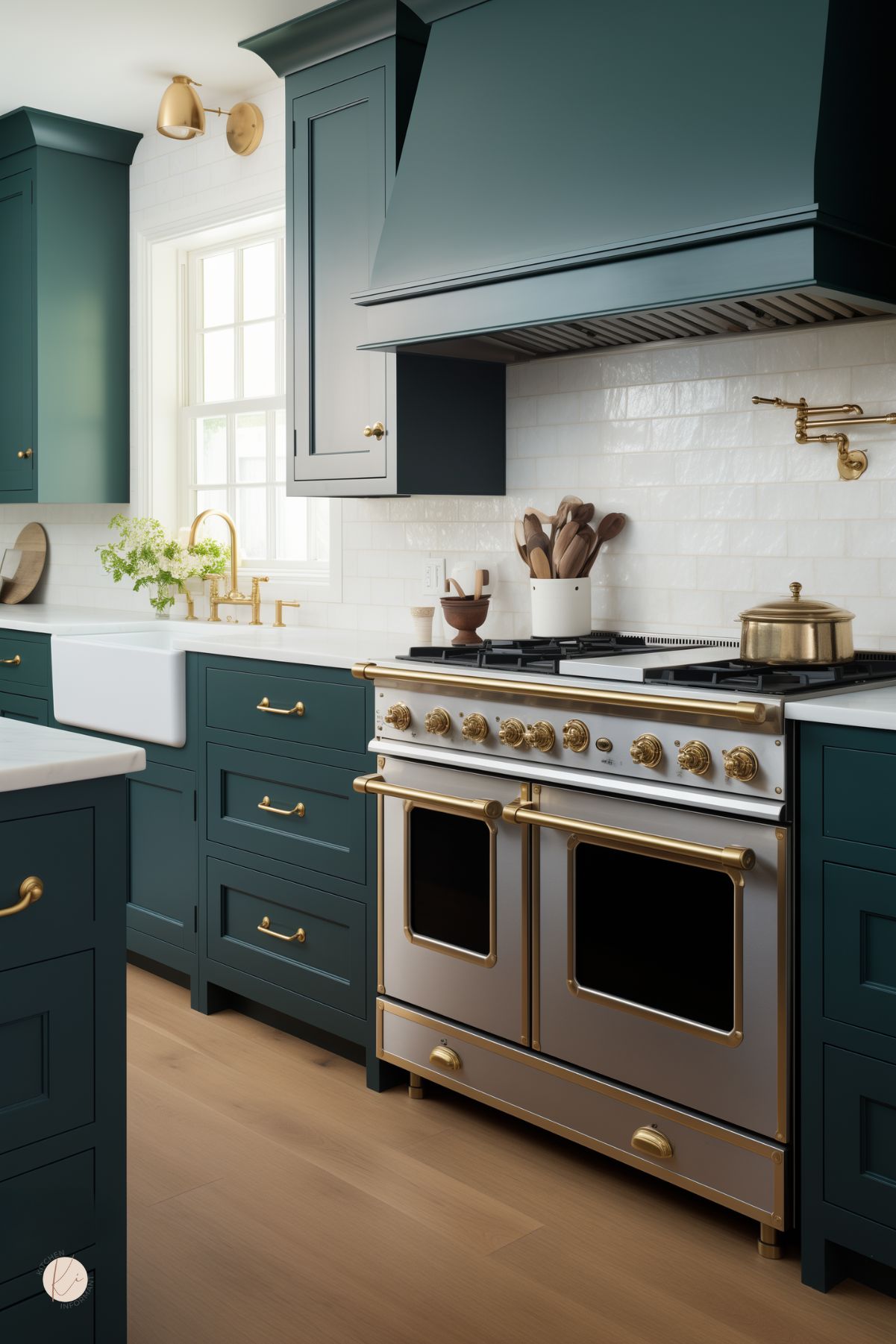 Dark teal shaker cabinets with brass pulls flank a stainless steel range with brass knobs and handles beneath a matching teal hood. White subway tile backsplash, a white farmhouse sink with brass faucet and pot filler, wooden utensils in a white crock, and light wood plank floors.