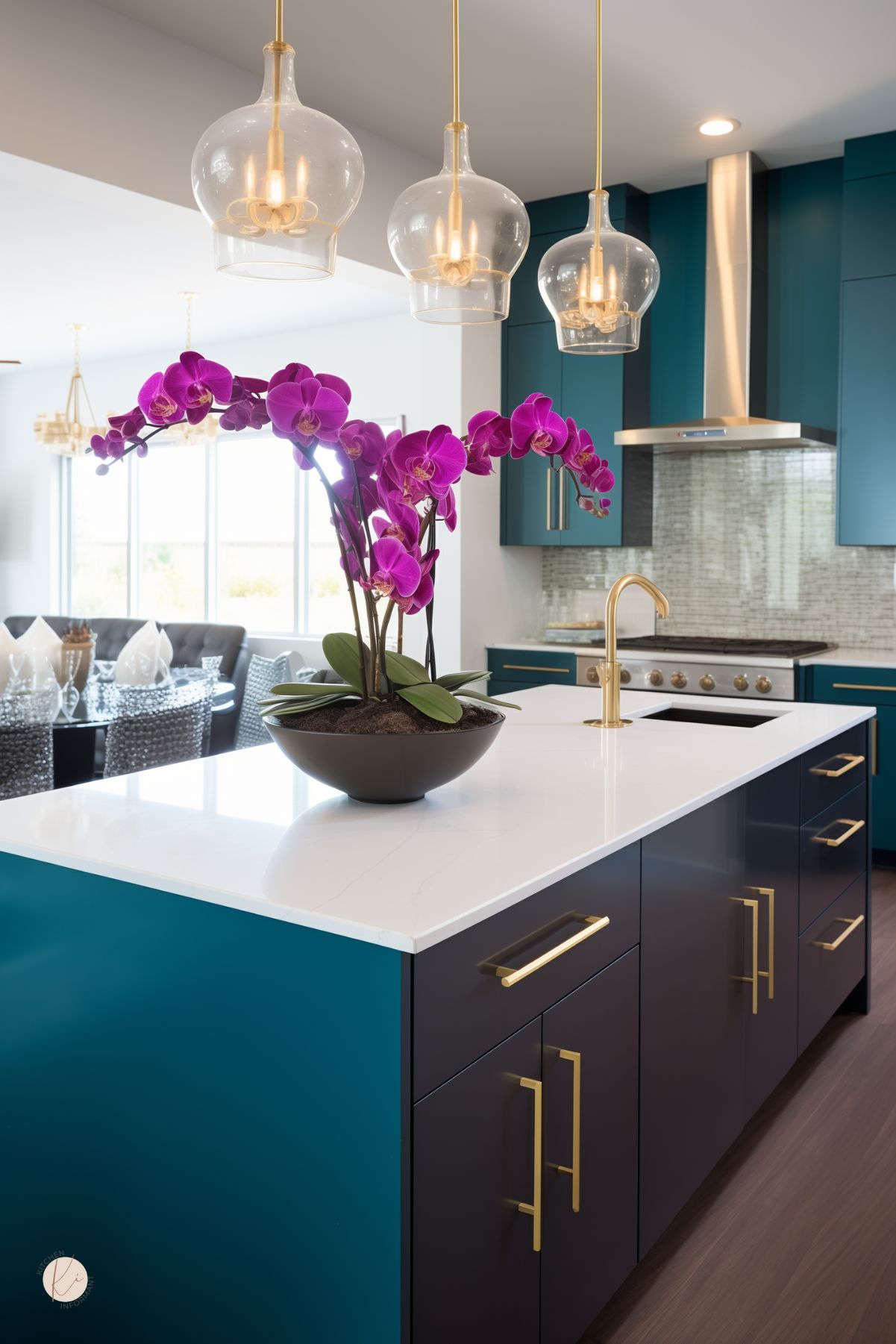 White quartz island with two-tone teal and navy cabinets and brass bar pulls holds a shallow black bowl of magenta orchids and a brass faucet. Three clear glass pendants with brass fittings hang above. In the background, teal handle-front cabinets, a stainless steel range hood, mosaic tile backsplash and dining area.