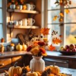 Cozy fall kitchen decorated with pumpkins, pinecones, and colorful autumn leaves. A white vase filled with orange, yellow, and red flowers sits on a rustic wooden table, framed by warm sunlight streaming through the windows. Open shelves display mugs and seasonal decor, creating a welcoming autumn farmhouse vibe.