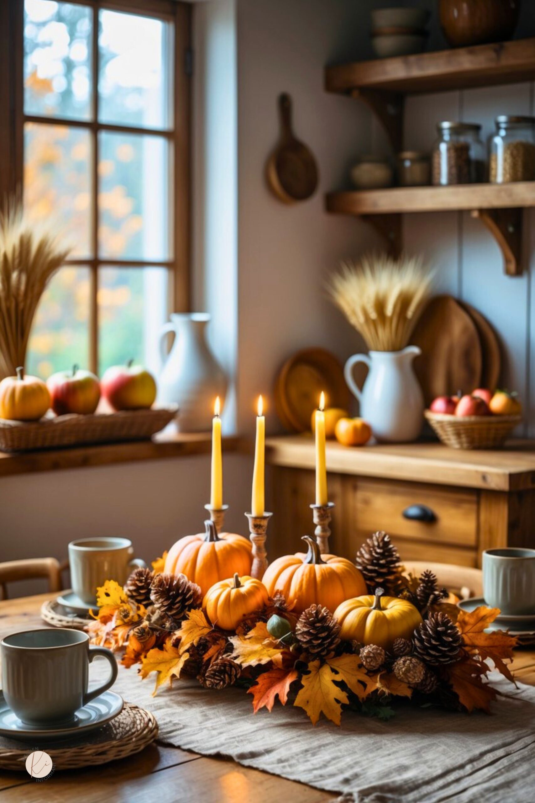 Warm farmhouse kitchen decorated for fall with a rustic table centerpiece of pumpkins, pinecones, and autumn leaves. Three glowing candles rise from the arrangement, surrounded by cozy table settings with mugs and plates. Wooden shelves display jars, pottery, and wheat bundles, while baskets of apples add to the inviting harvest-inspired atmosphere.