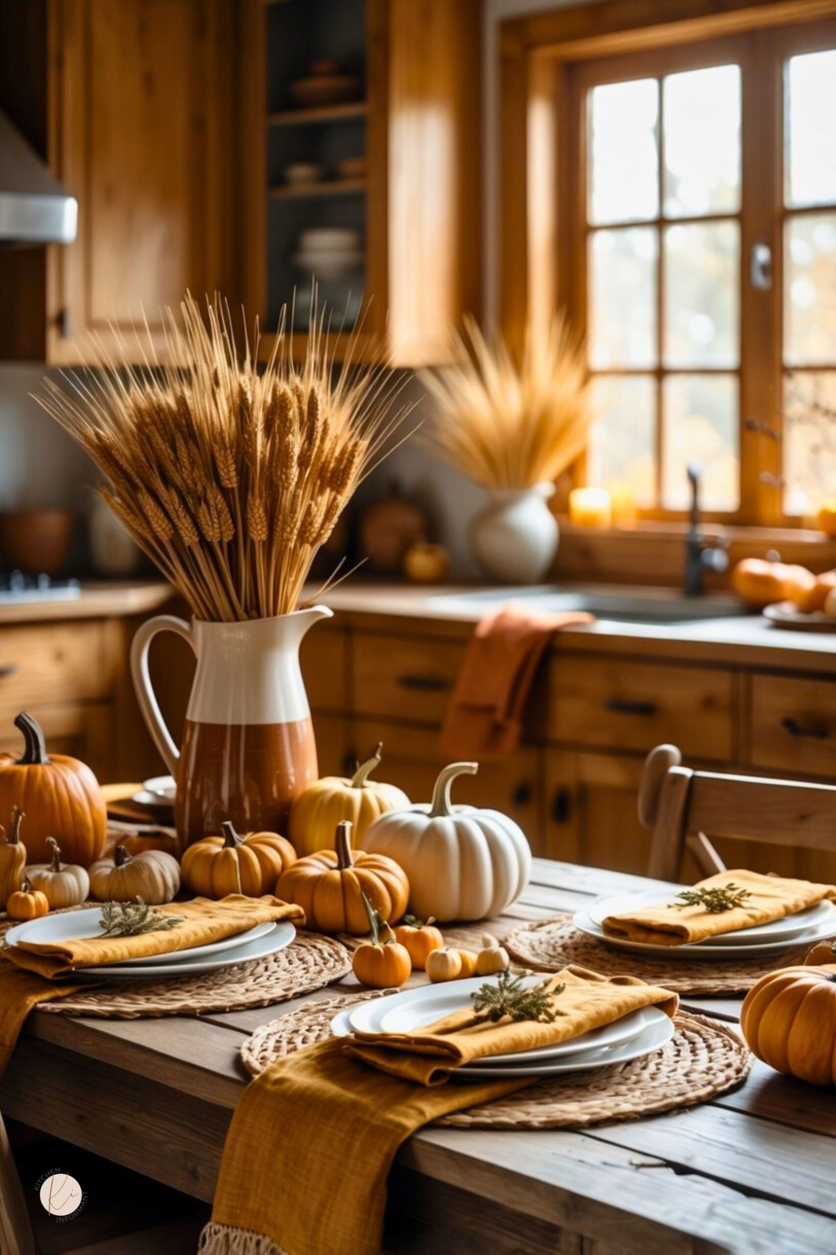 Rustic farmhouse kitchen set for fall with a wooden table decorated with pumpkins in shades of orange, cream, and white. A tall pitcher filled with wheat stalks serves as the centerpiece, surrounded by woven placemats, white plates, and golden napkins. Warm wood cabinetry, soft candlelight, and autumn accents create a cozy harvest dining atmosphere.